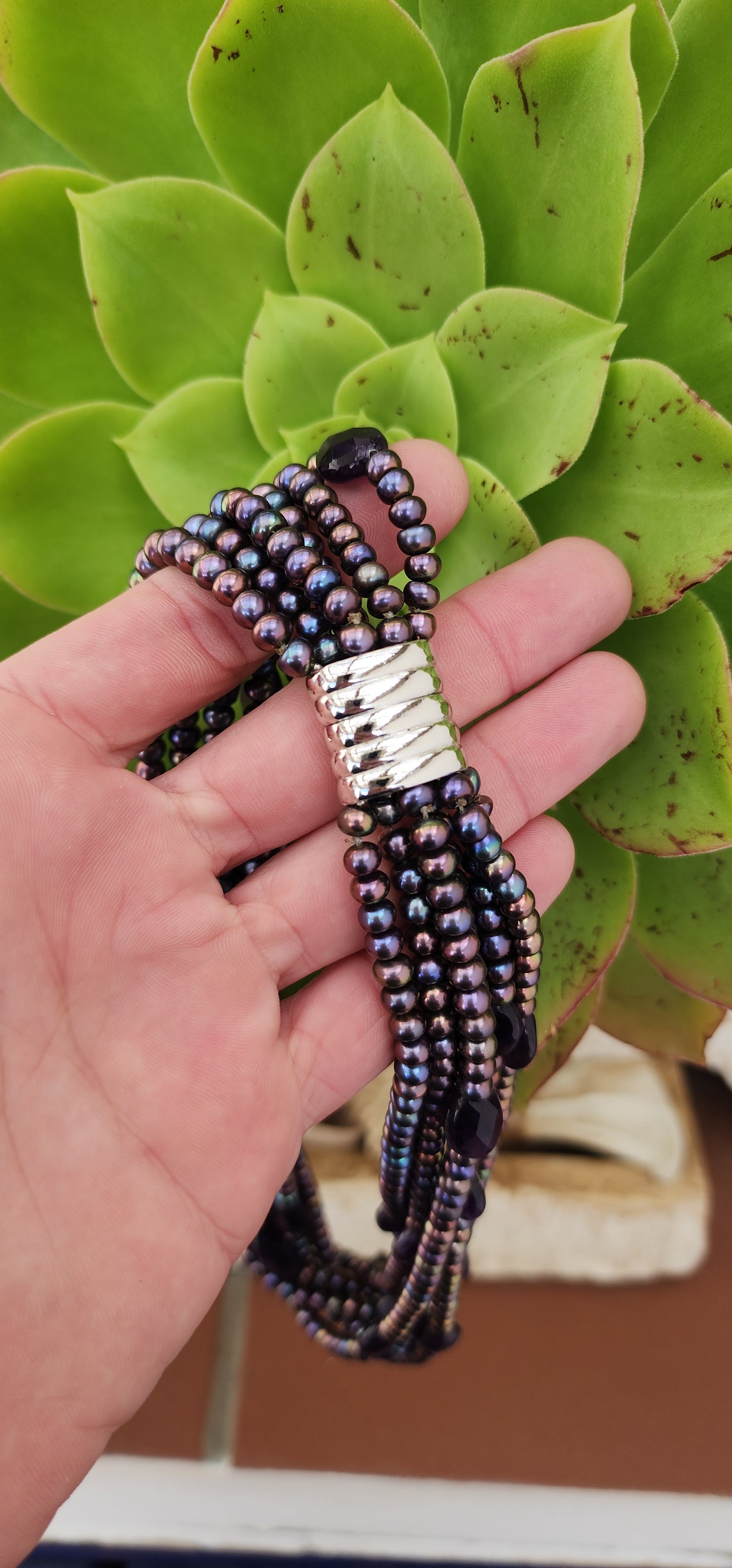 Multi-strand Peacock Freshwater Pearls and Amethyst Gemstones beaded necklace - Fitted with an strong magnetic metal clasp.