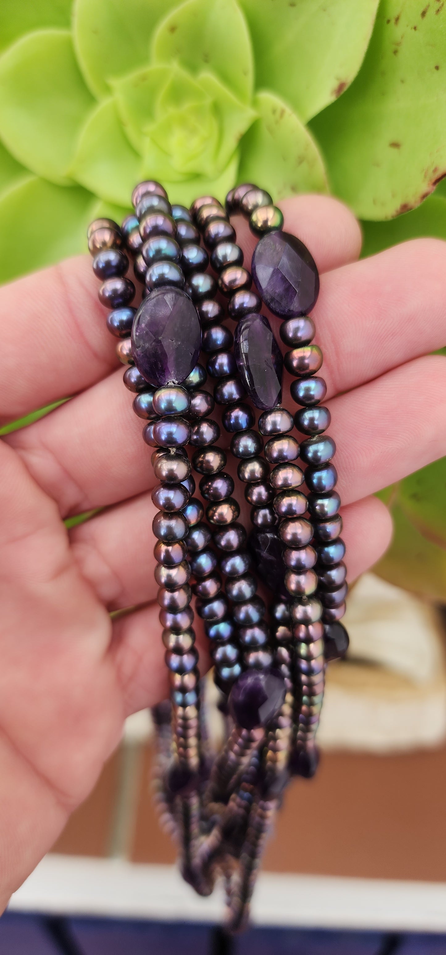 Multi-strand Peacock Freshwater Pearls and Amethyst Gemstones beaded necklace - Fitted with an strong magnetic metal clasp.