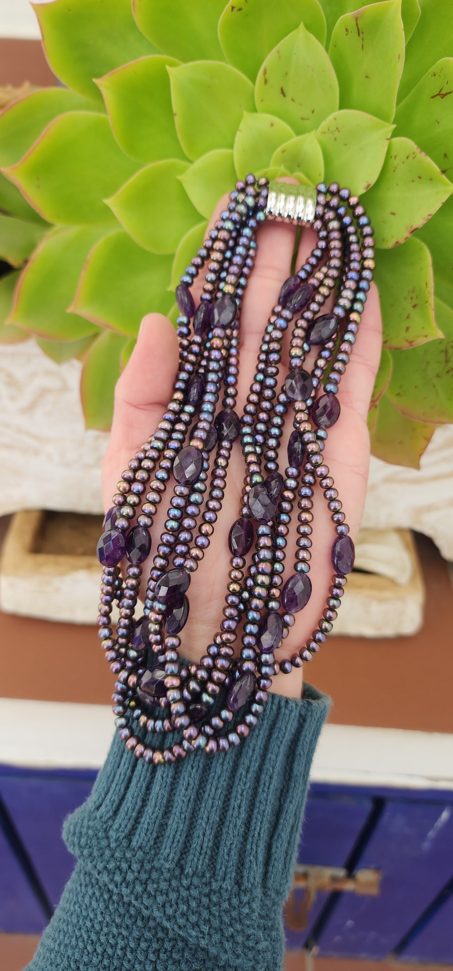 Multi-strand Peacock Freshwater Pearls and Amethyst Gemstones beaded necklace - Fitted with an strong magnetic metal clasp.