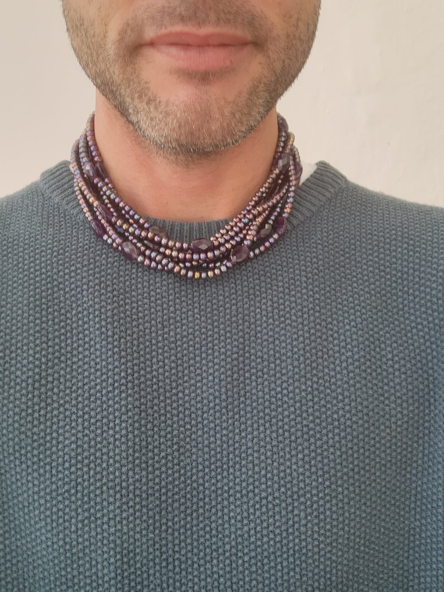 Multi-strand Peacock Freshwater Pearls and Amethyst Gemstones beaded necklace - Fitted with an strong magnetic metal clasp.