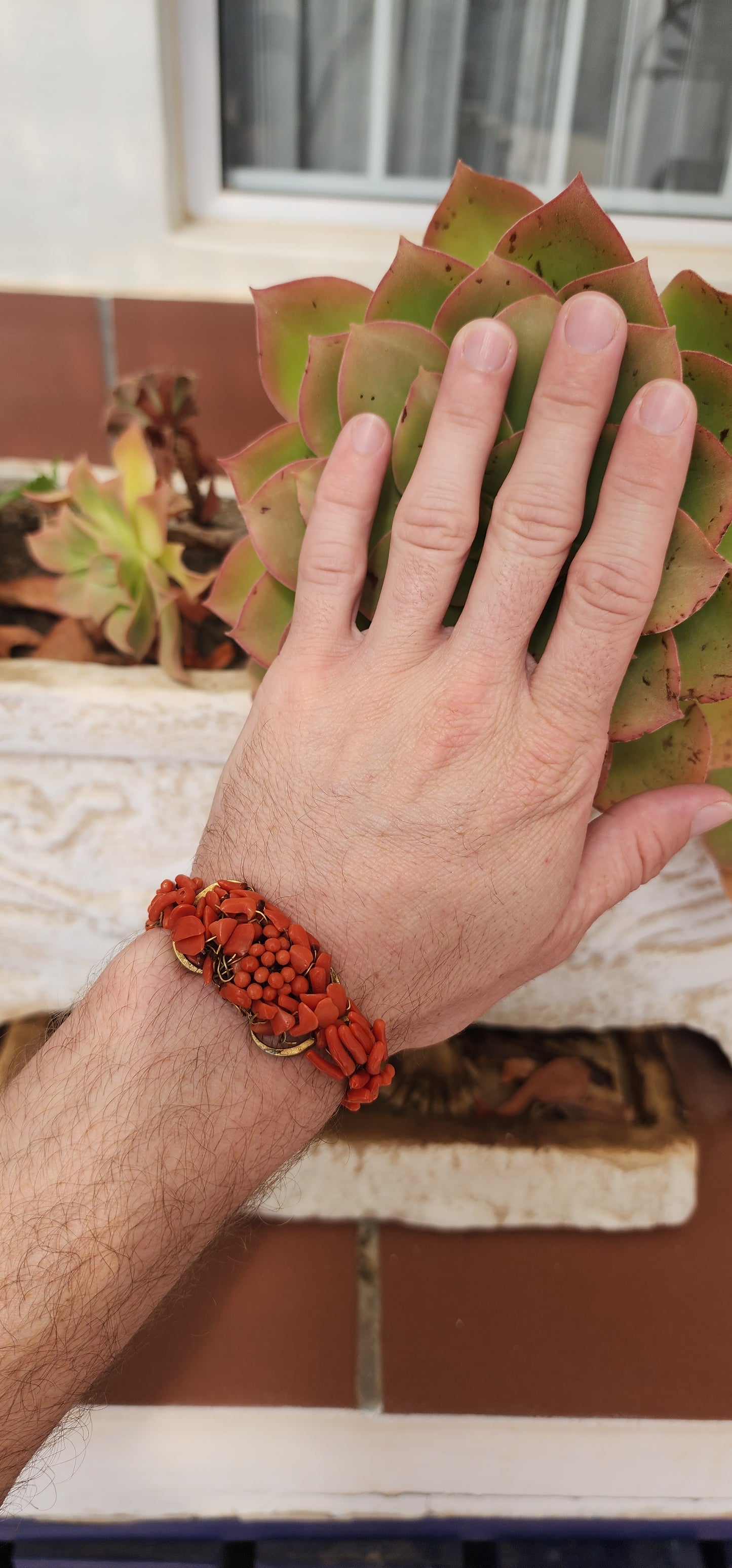 Antique Italian made late 19th century Red coral bracelet .Decorated with Sciacca Coral fruits and leaves elements on an Gold Gilt Metal mounting.