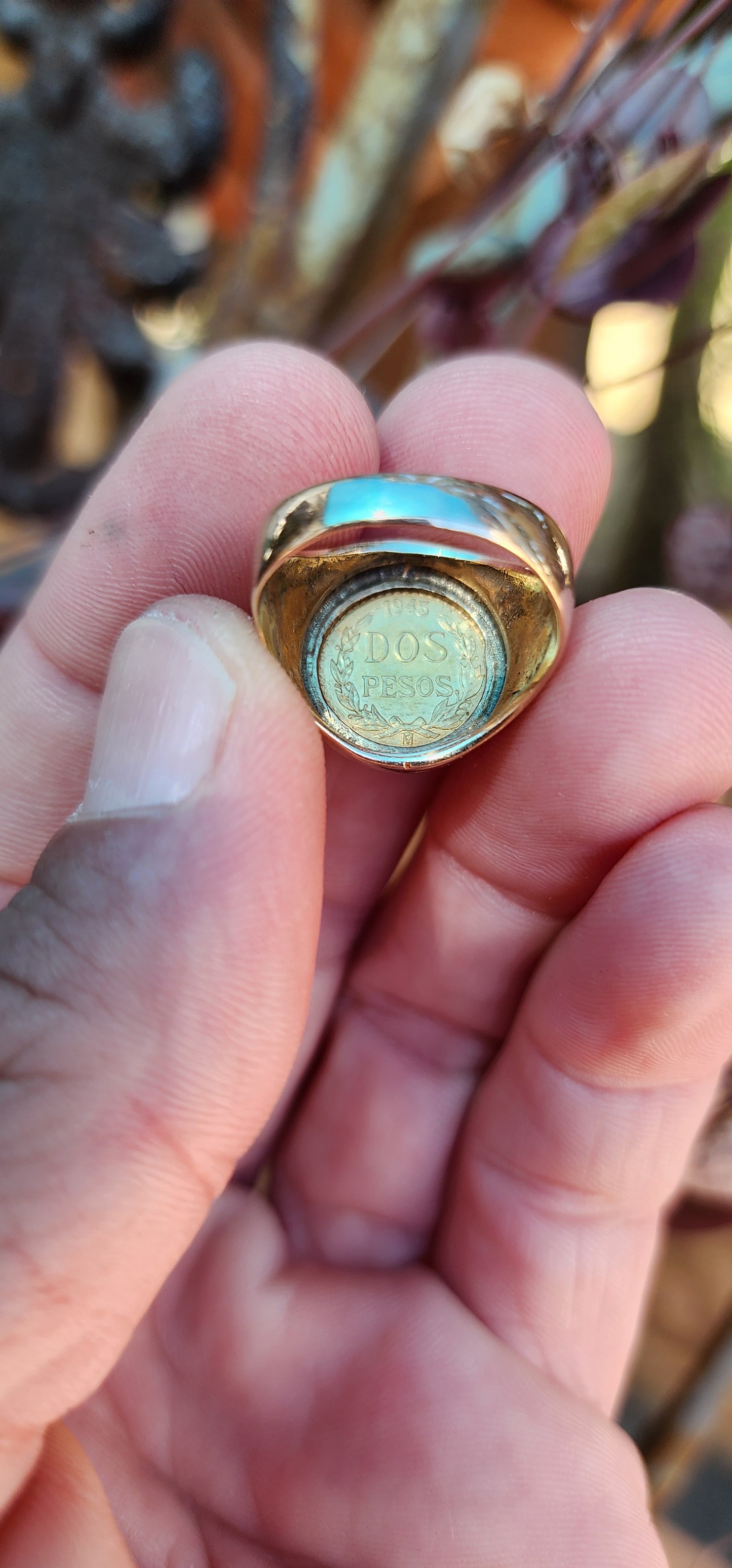 Chunky 9ct Yellow Gold signet ring set with an 22ct Yellow Gold Mexican 2 Pesos coin