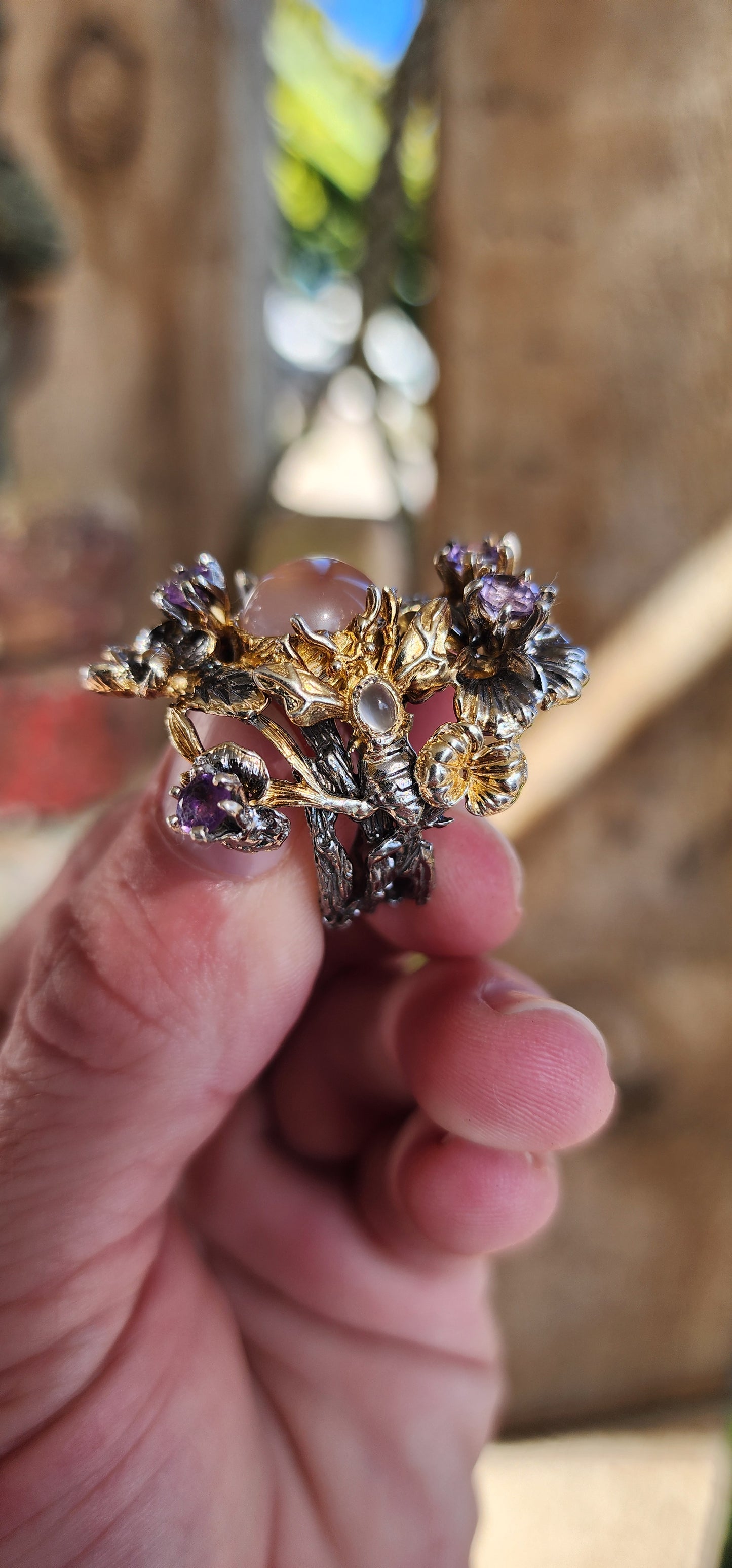 Marvelous Enchanted Forest ring to adorn your hand - Crafted from oxidised Sterling Silver with Yellow Gold plating accents and Natural Gemstones.