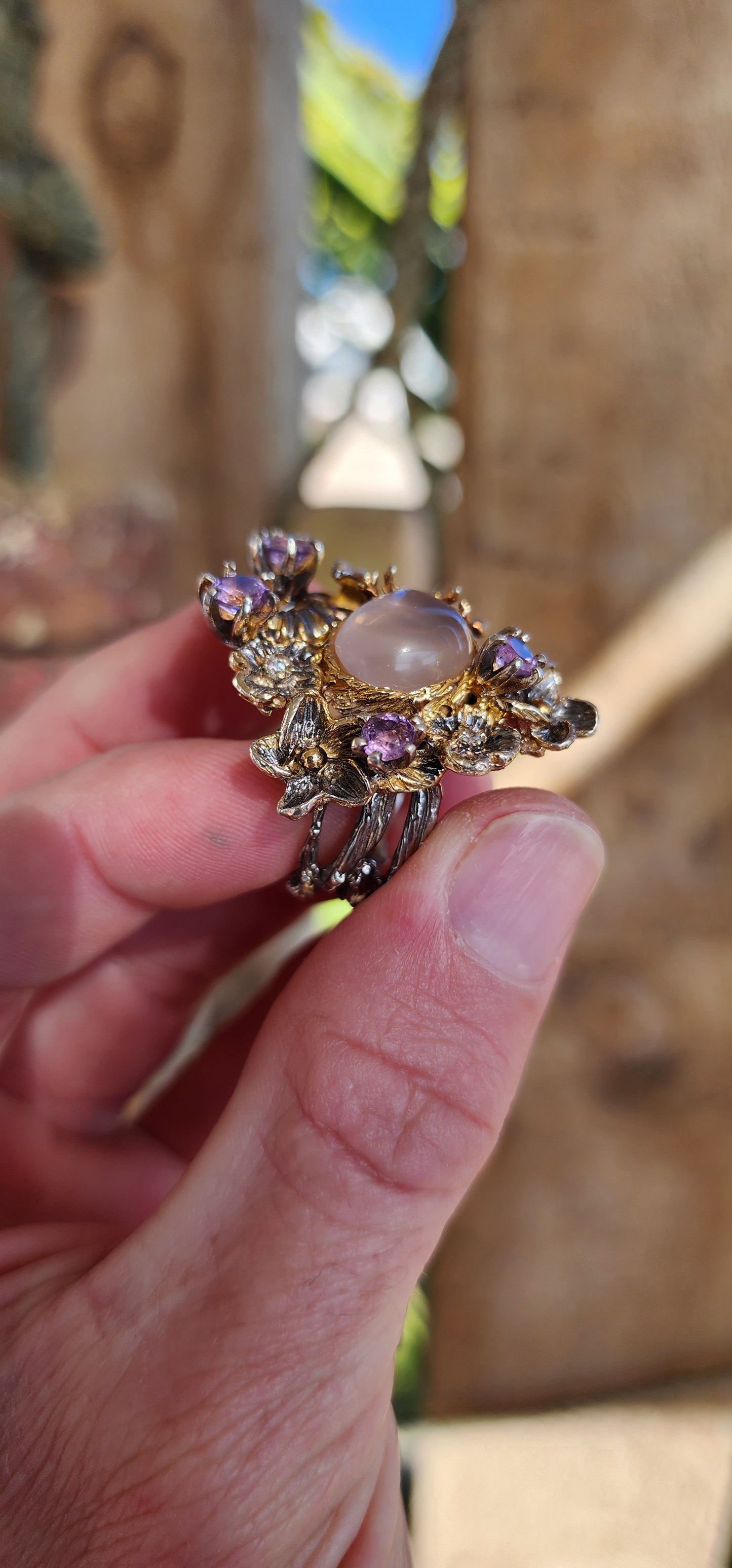 Marvelous Enchanted Forest ring to adorn your hand - Crafted from oxidised Sterling Silver with Yellow Gold plating accents and Natural Gemstones.