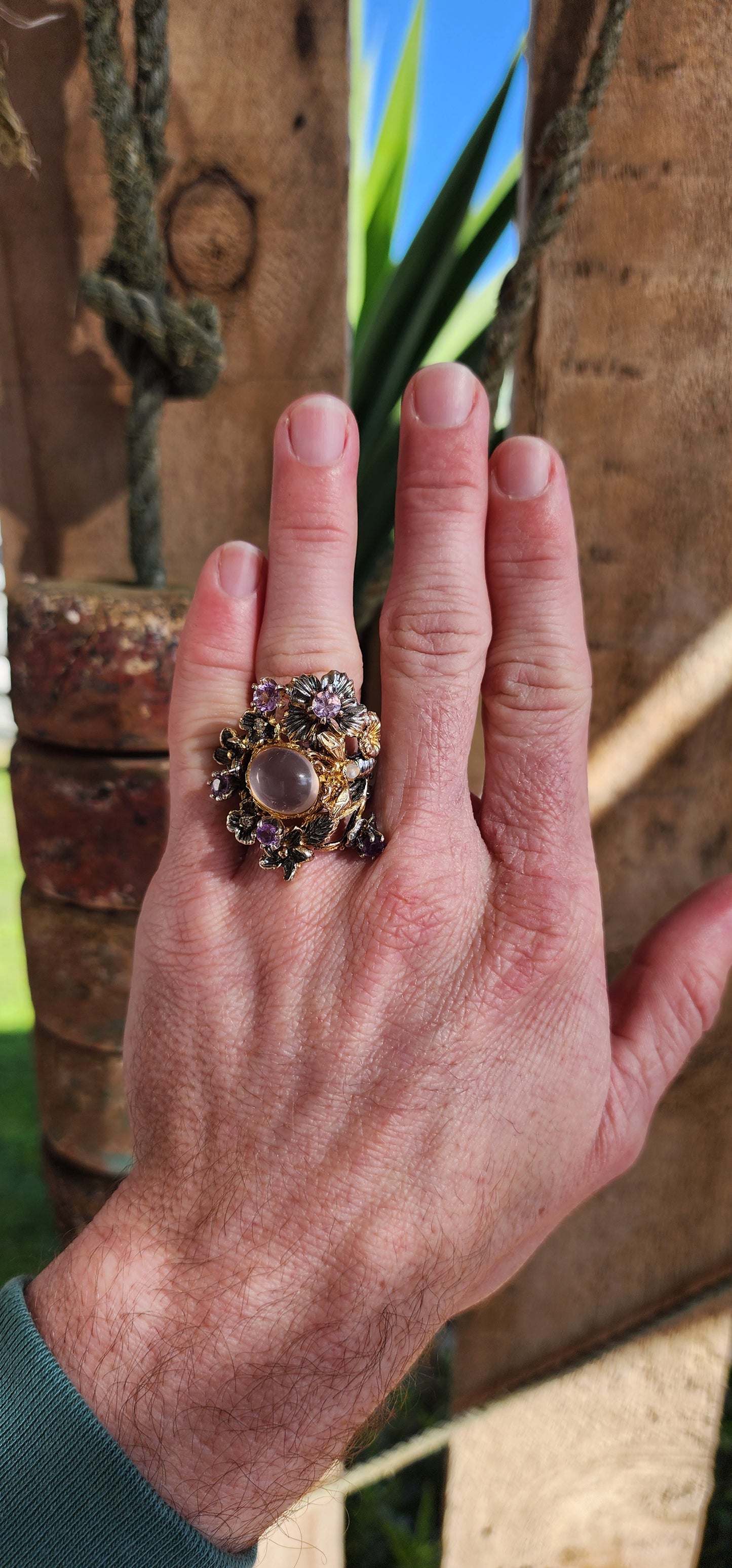 Marvelous Enchanted Forest ring to adorn your hand - Crafted from oxidised Sterling Silver with Yellow Gold plating accents and Natural Gemstones.