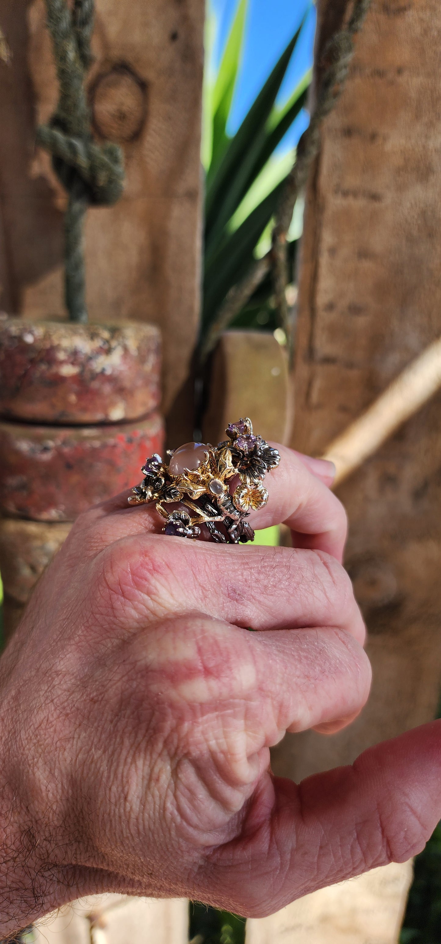 Marvelous Enchanted Forest ring to adorn your hand - Crafted from oxidised Sterling Silver with Yellow Gold plating accents and Natural Gemstones.