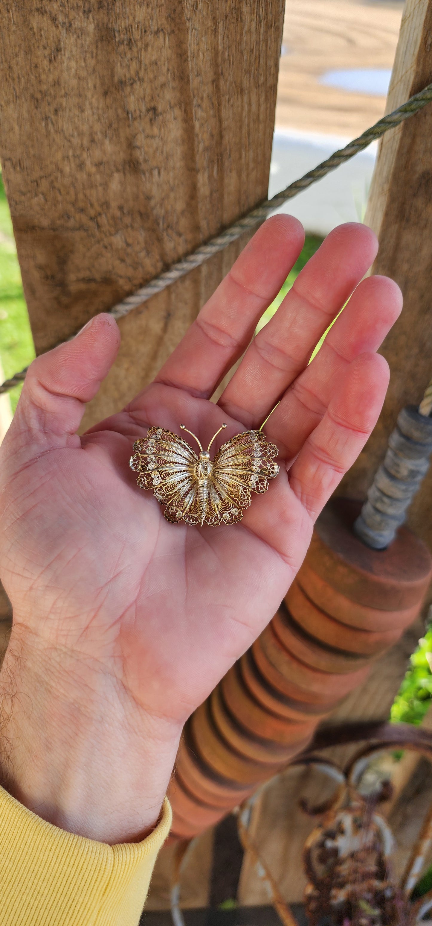 Vintage circa 1930's 800 Silver with Gold gilt Cannetille Filigree Butterfly brooch.
Wonderfully intricate, and large enough to make a bold statement.