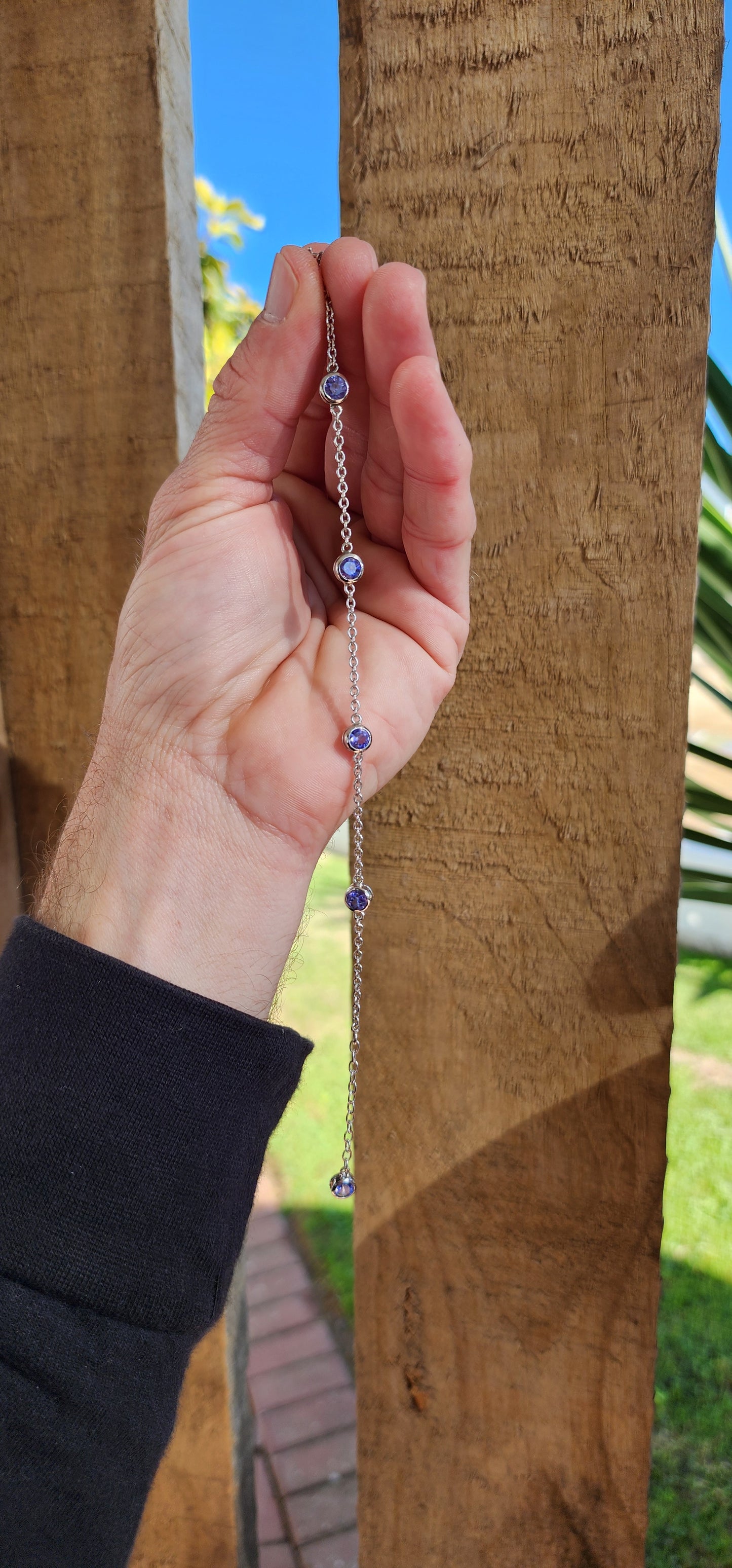 Gorgeous and elegant Sterling Silver and 5x Natural Round Cut Tanzanite Gemstones Station bracelet - The lovely Tanzanite Gems have been bezel/tube set.The bracelet is Adjustable.