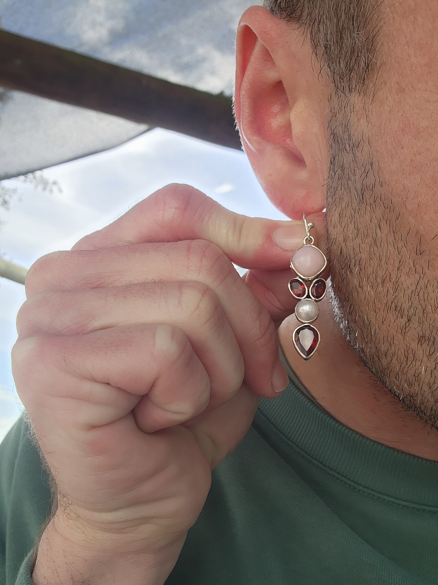 Delightful pair of Sterling Silver cluster drop earrings , these beauties are bezel/tube set with Pink Opal Cabochons , Garnets and Pearls.