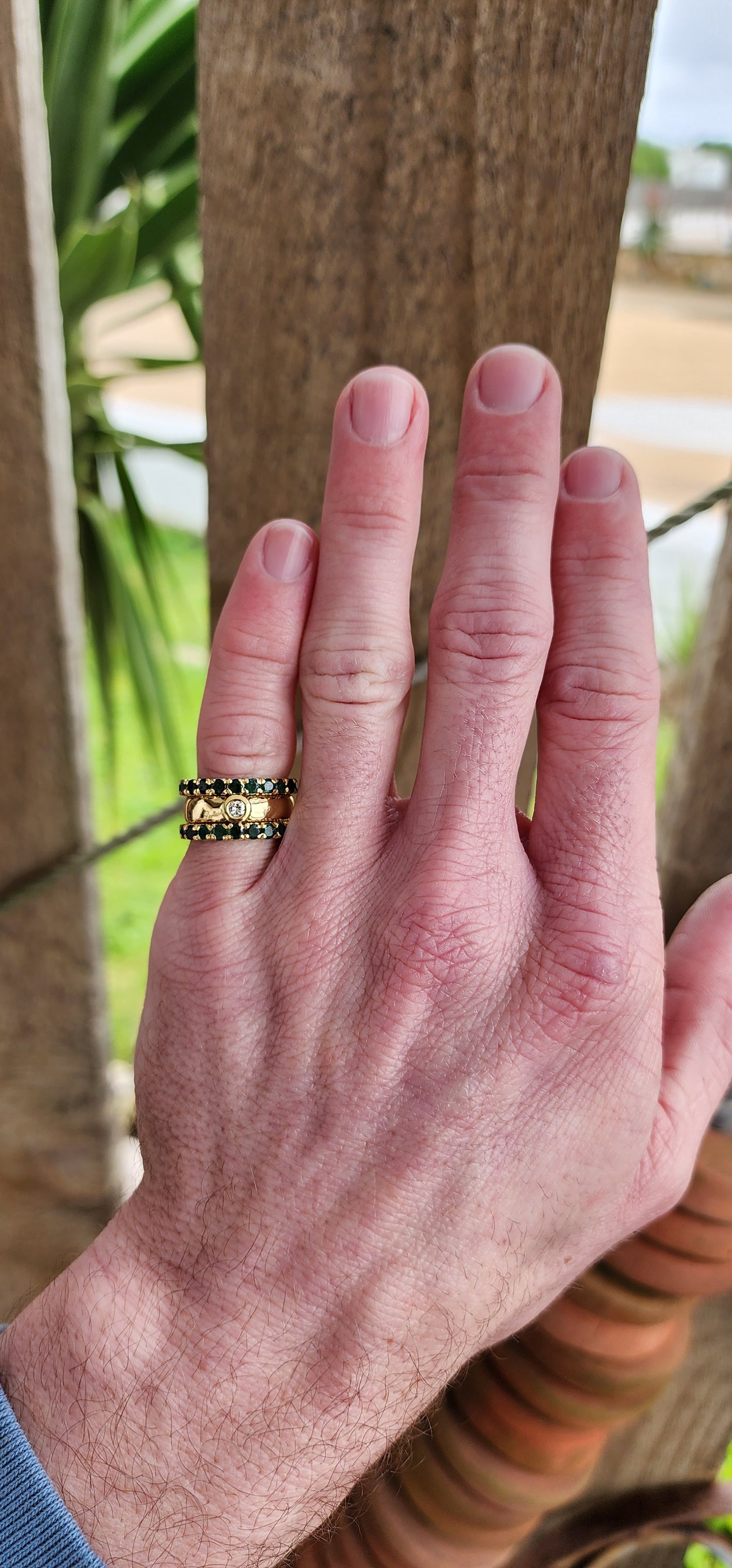 Exquisite and chunky Solid 18ct Yellow Gold and Diamond/Emeralds Studio/Artisan made 3 piece ring set.
