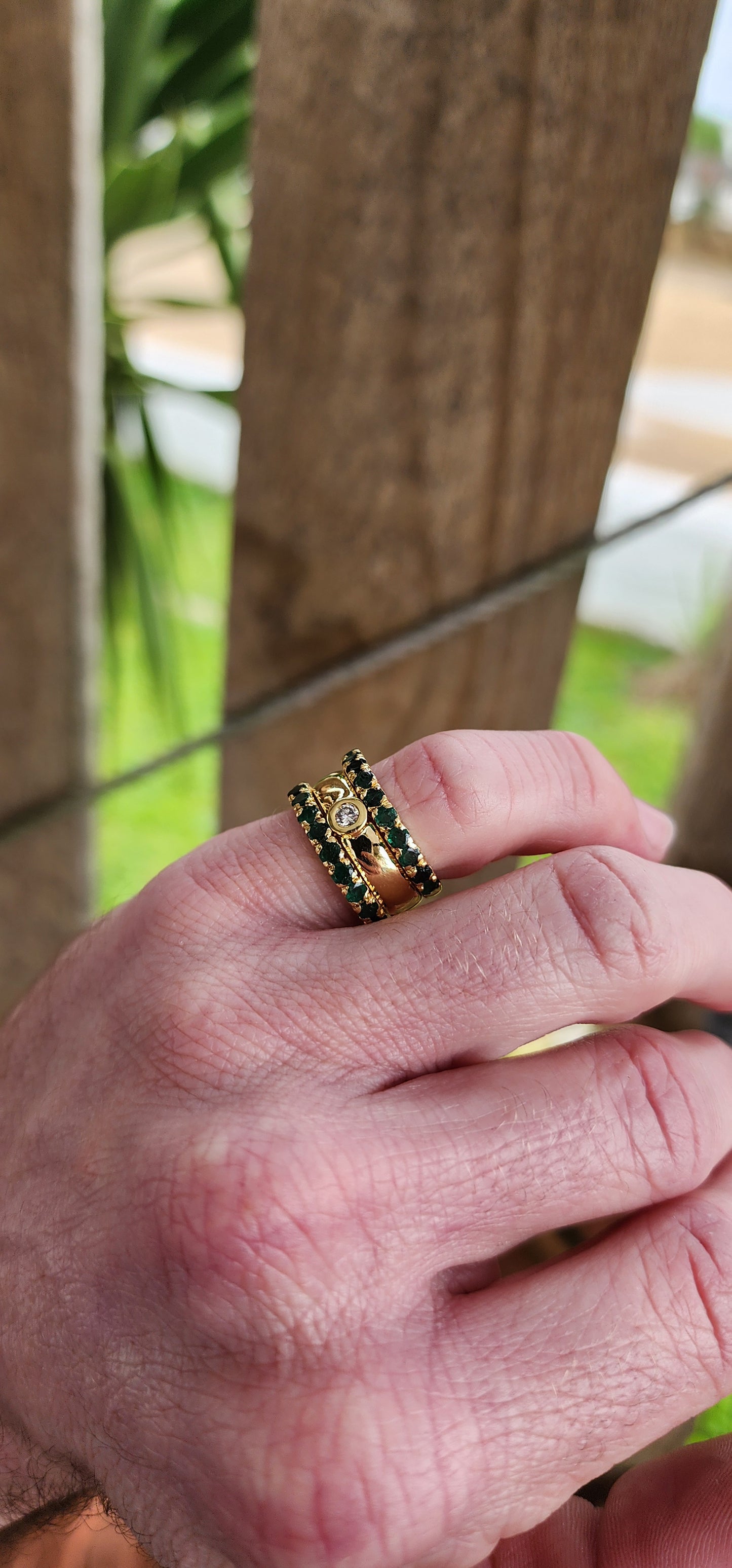 Exquisite and chunky Solid 18ct Yellow Gold and Diamond/Emeralds Studio/Artisan made 3 piece ring set.