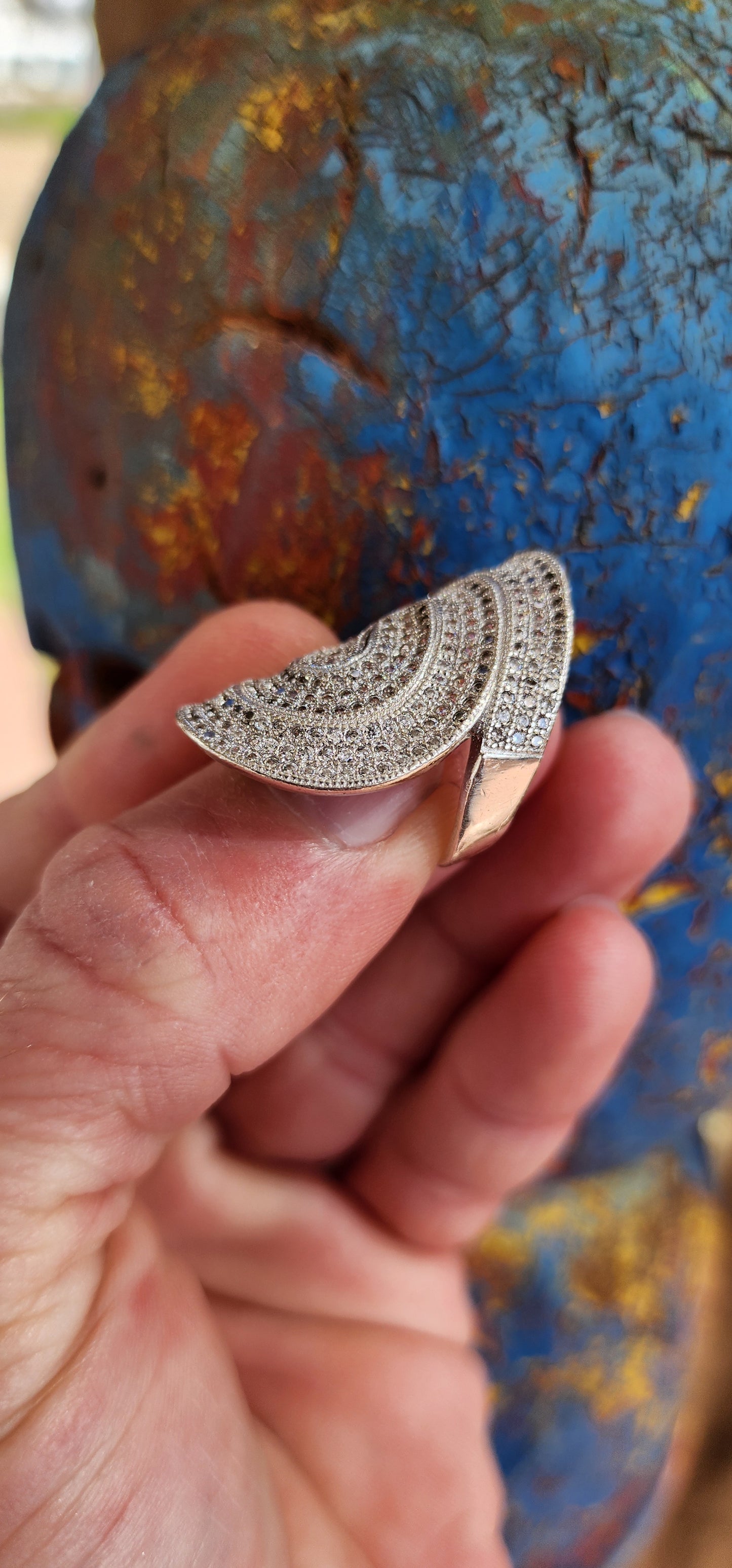 Chunky Art Deco style Sterling Silver and Pave set CZ Gemstones Infinity ring - The curved/wrap ring featuring two sparkly pave CZ spirals ,one from each side of the shank meeting in the centre of the ring.