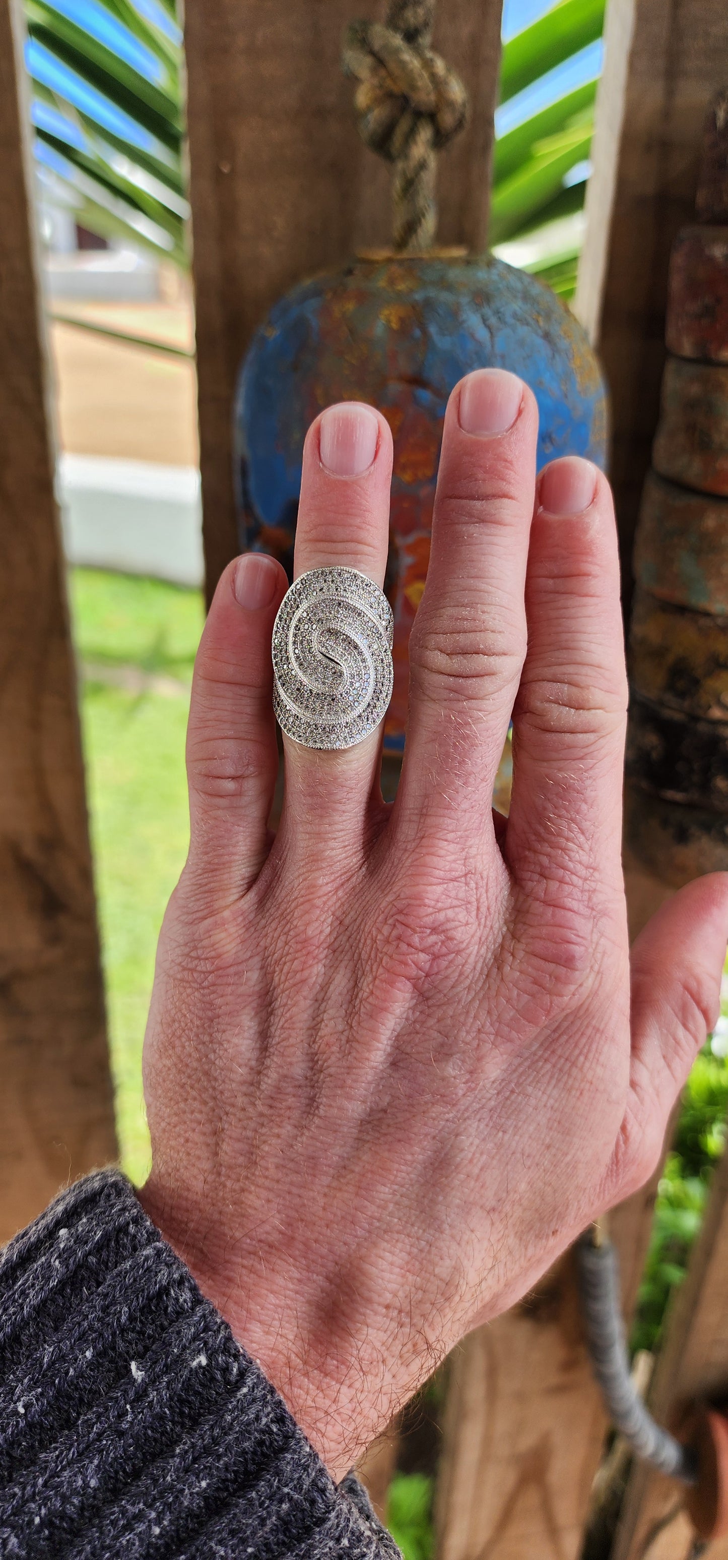 Chunky Art Deco style Sterling Silver and Pave set CZ Gemstones Infinity ring - The curved/wrap ring featuring two sparkly pave CZ spirals ,one from each side of the shank meeting in the centre of the ring.