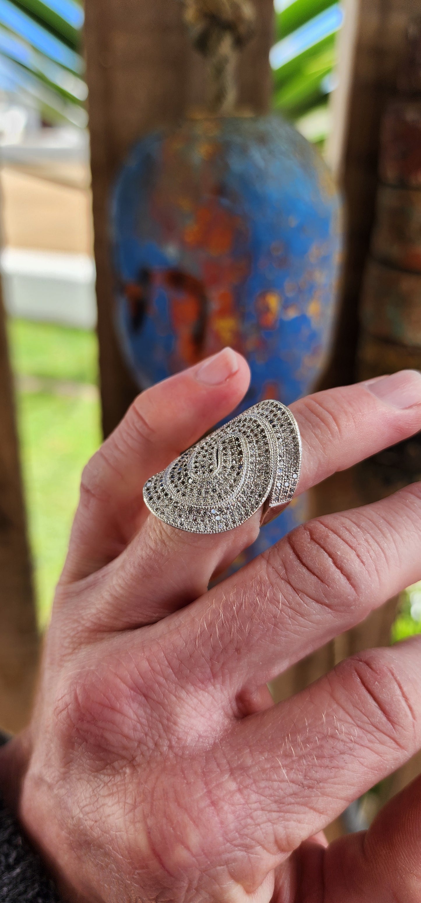 Chunky Art Deco style Sterling Silver and Pave set CZ Gemstones Infinity ring - The curved/wrap ring featuring two sparkly pave CZ spirals ,one from each side of the shank meeting in the centre of the ring.