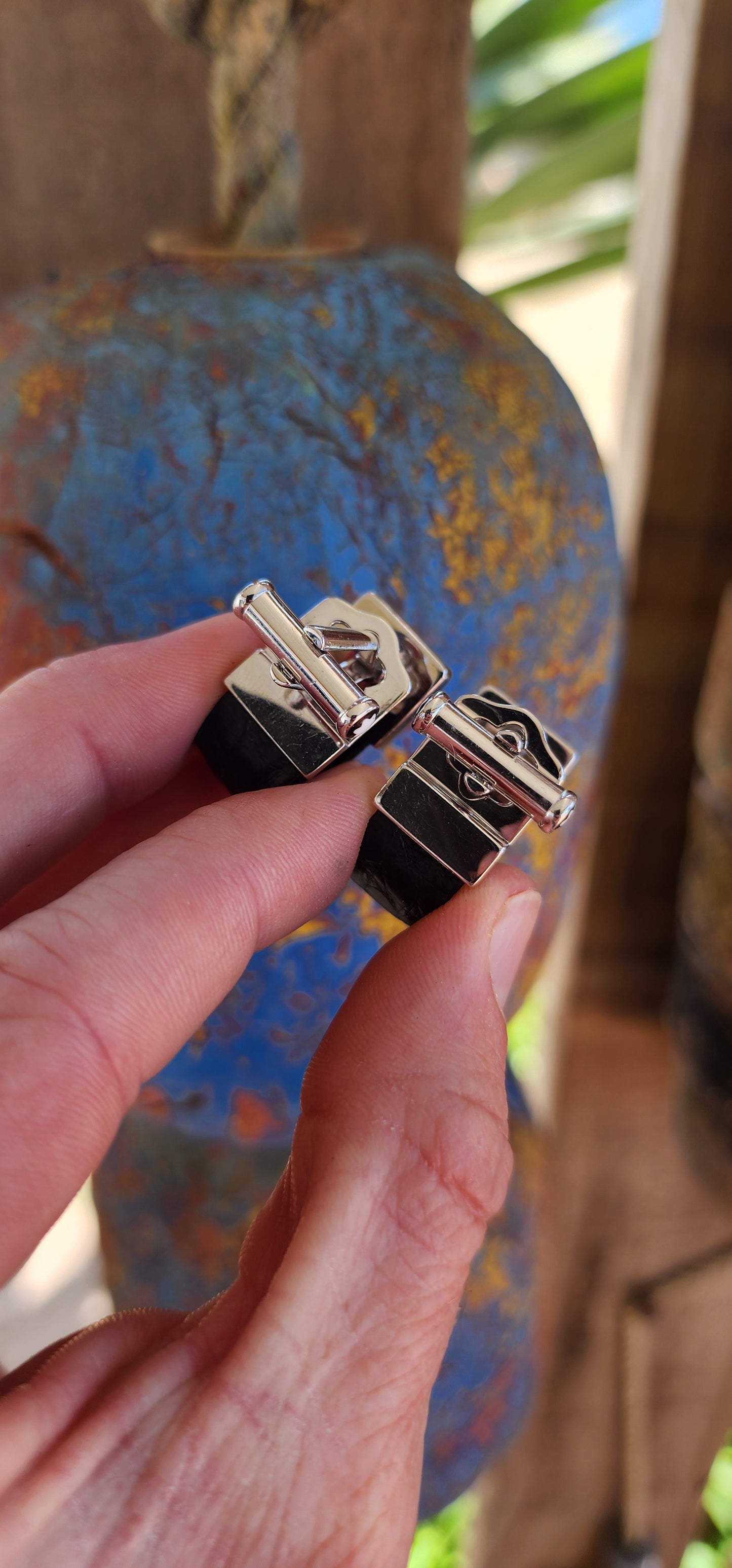 Pair of Luxury Designer Sterling Silver and Black Alligtor Leather cufflinks.