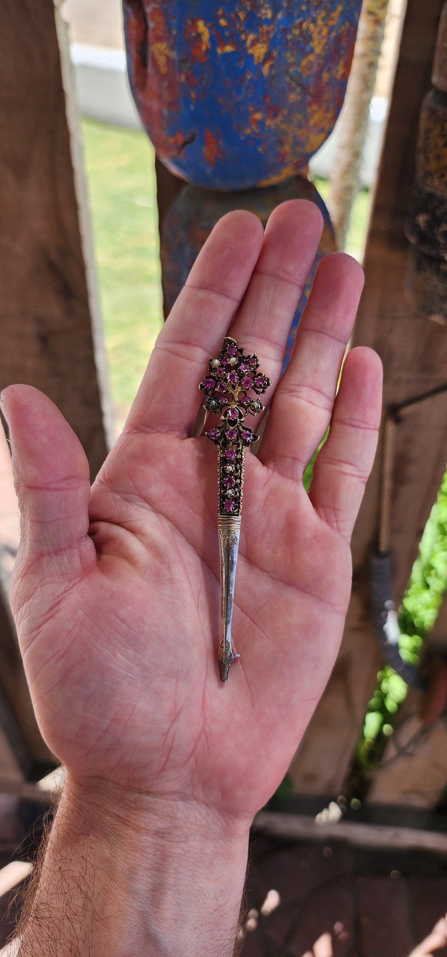 This rare brooch is an antique Victorian-era Sri Lankan Kondakoora hairpin, crafted circa the late 19th century (1890's).