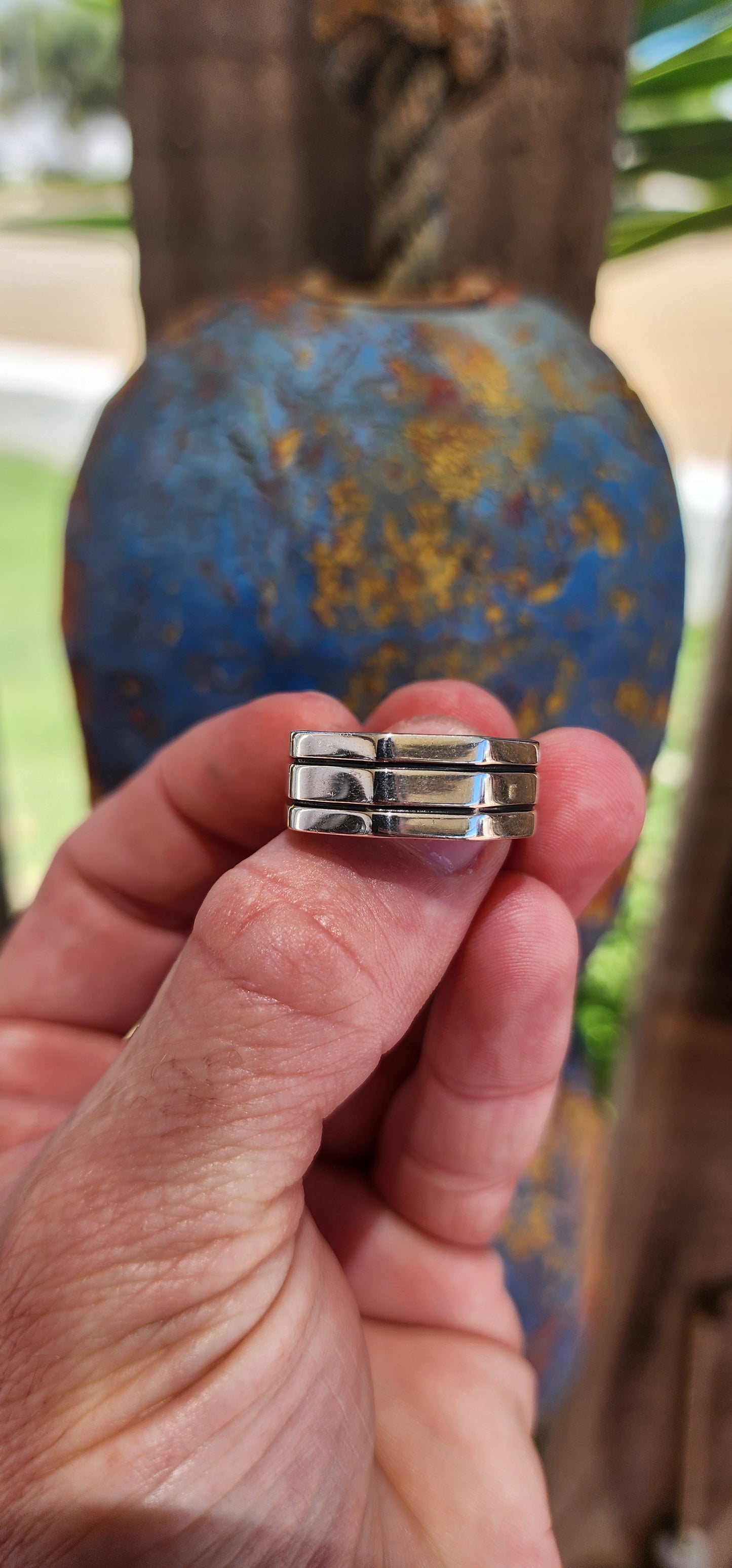 FOR THE BOYS!This chunky modernist sterling silver dress ring is a striking design, merging minimalism with industrial aesthetics. Its octagonal shape, reminiscent of a hex nut, gives it a bold and rugged look while maintaining a refined edge.
