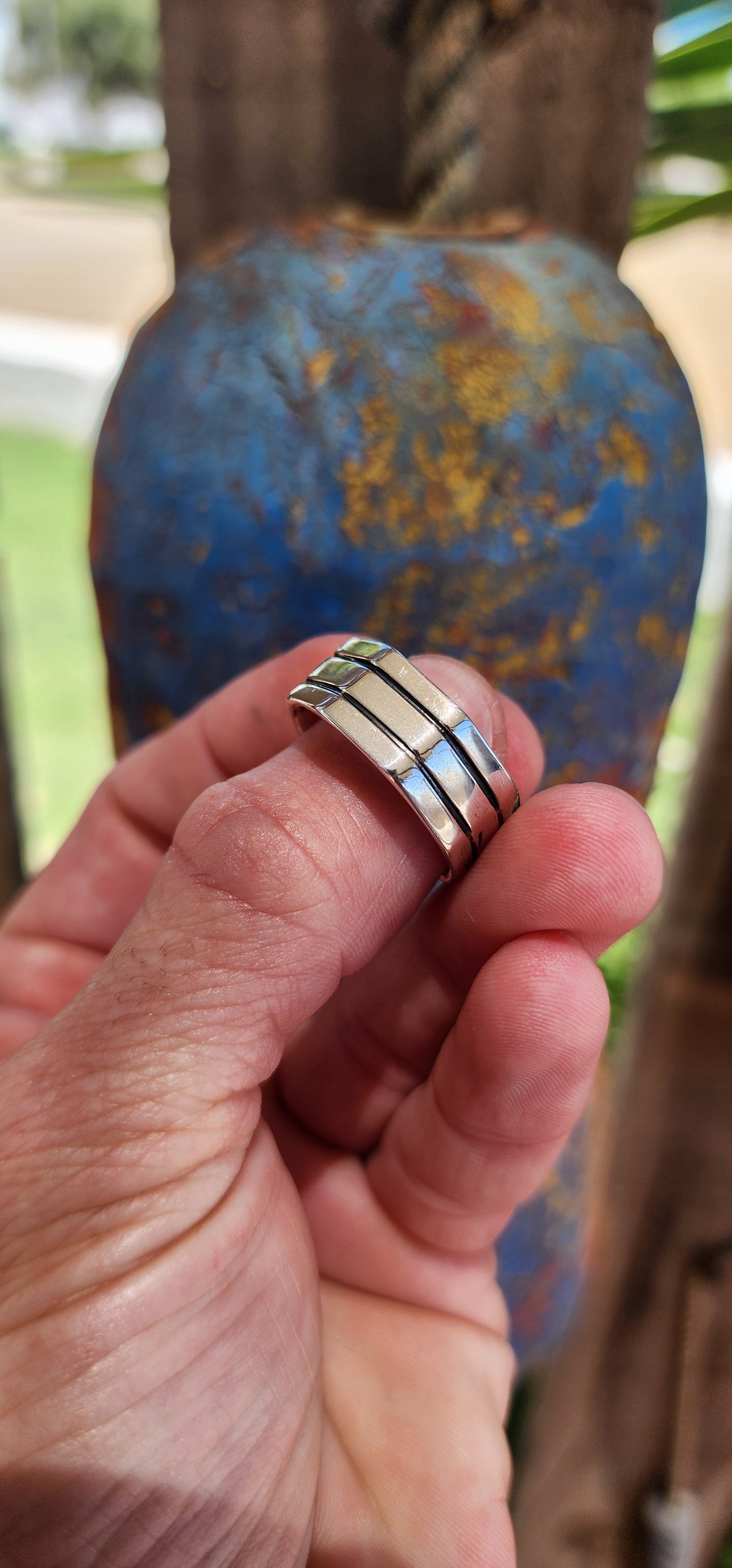 FOR THE BOYS!This chunky modernist sterling silver dress ring is a striking design, merging minimalism with industrial aesthetics. Its octagonal shape, reminiscent of a hex nut, gives it a bold and rugged look while maintaining a refined edge.