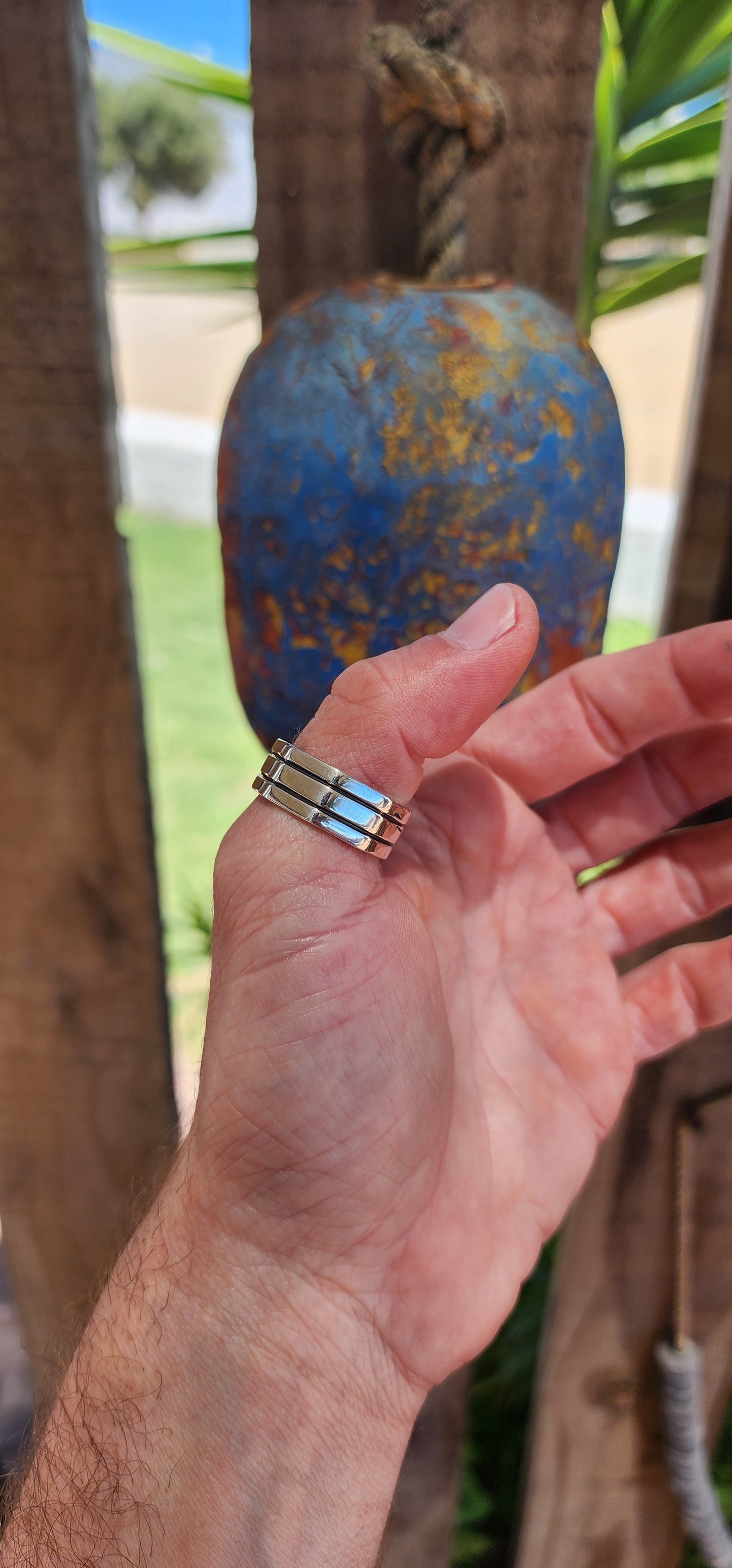 FOR THE BOYS!This chunky modernist sterling silver dress ring is a striking design, merging minimalism with industrial aesthetics. Its octagonal shape, reminiscent of a hex nut, gives it a bold and rugged look while maintaining a refined edge.