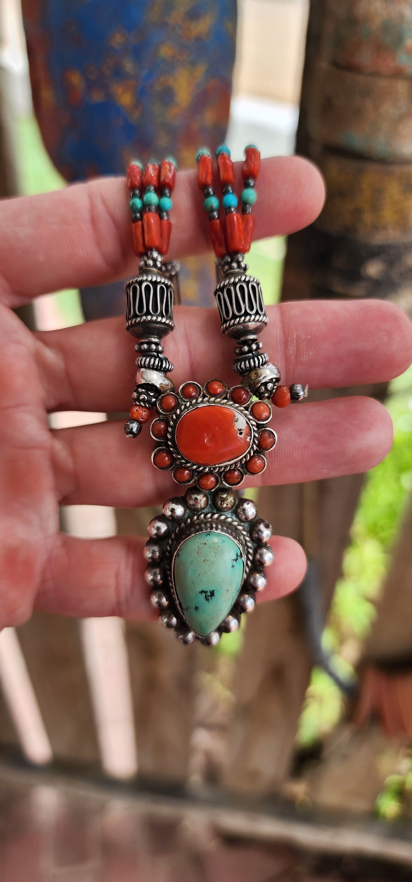 This rare vintage Tibetan sterling silver necklace is a breathtaking example of Himalayan craftsmanship, embodying the spiritual and artistic traditions of Tibetan culture.