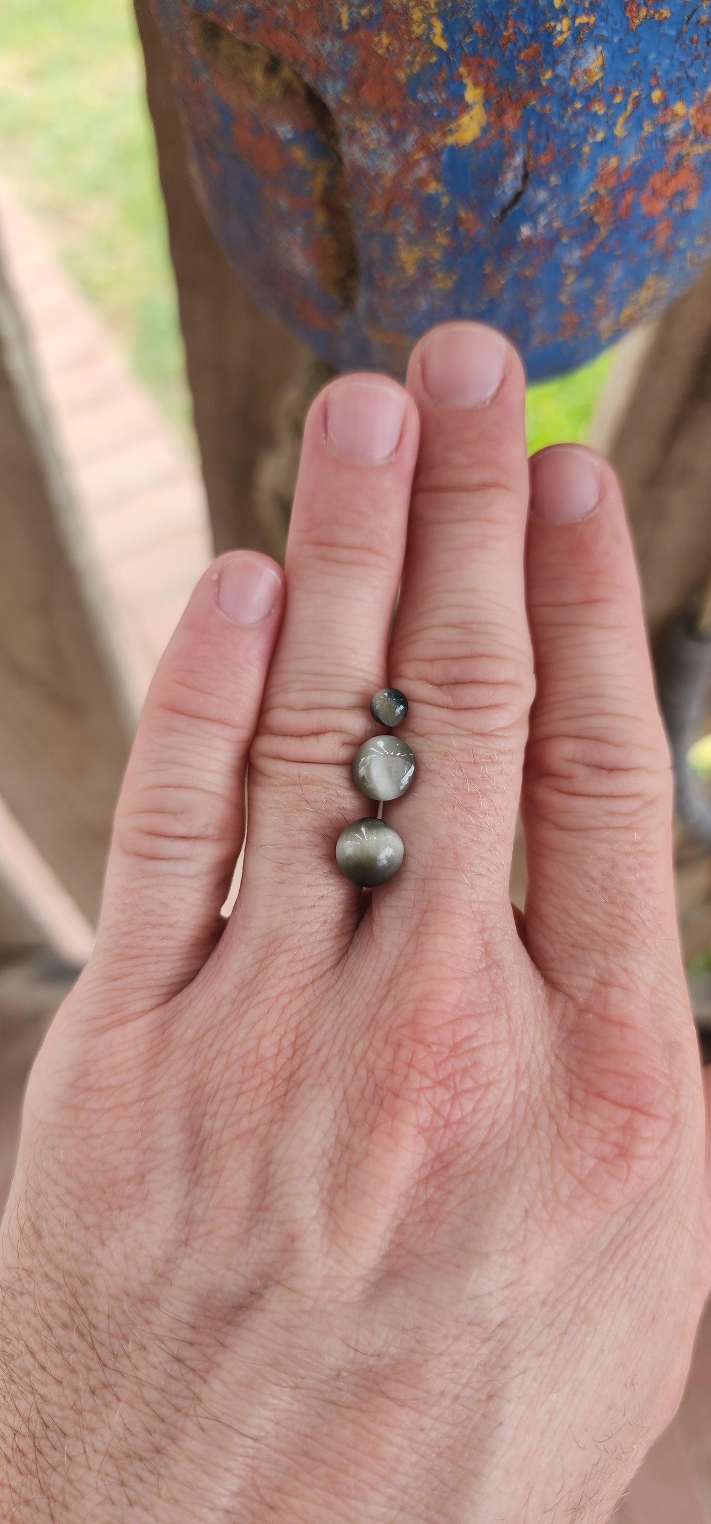 These three loose gemstones are cat's eye quartz cabochons, displaying the characteristic chatoyancy effect—a luminous band of light that moves across the surface when the stone is turned.