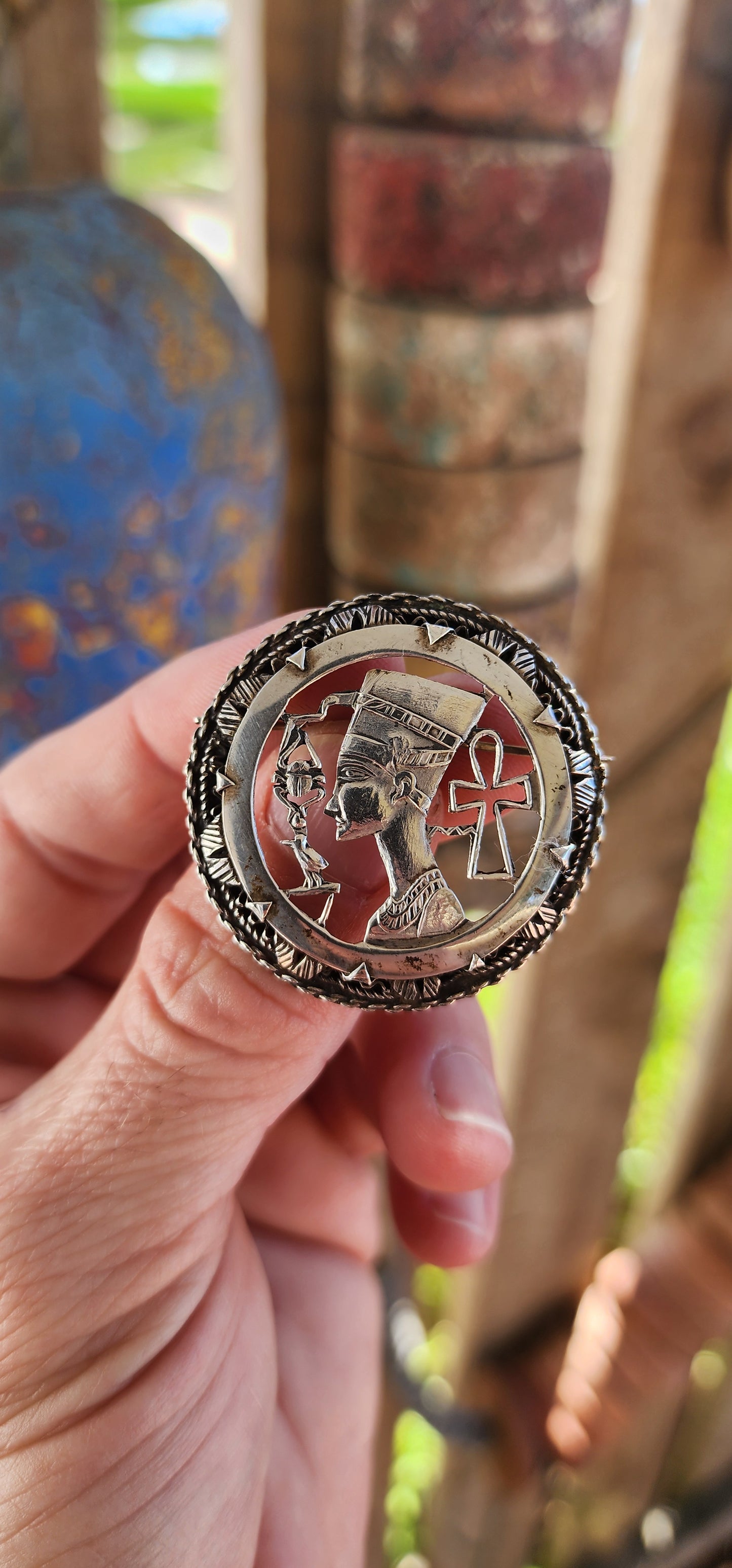 This 1940/50's Egyptian Revival sterling silver brooch is a captivating tribute to the legendary Queen Nefertiti, one of ancient Egypt’s most iconic figures.