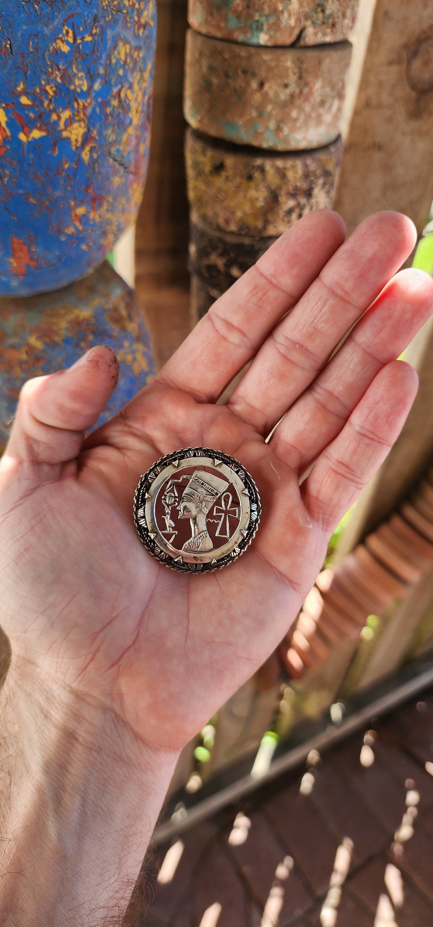 This 1940/50's Egyptian Revival sterling silver brooch is a captivating tribute to the legendary Queen Nefertiti, one of ancient Egypt’s most iconic figures.