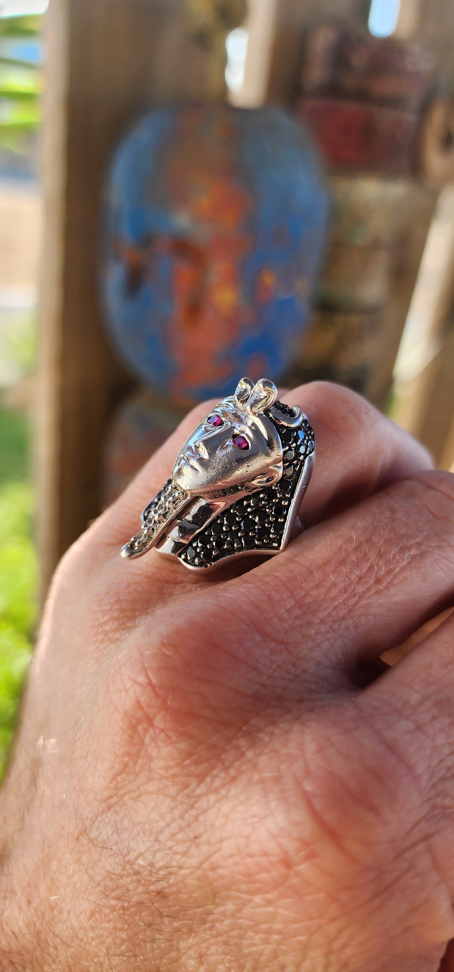 This majestic vintage Egyptian Pharaoh ring is no ordinary piece of jewelry—it is a portal to the past, a relic infused with mystery, power, and the whispers of ancient wisdom.