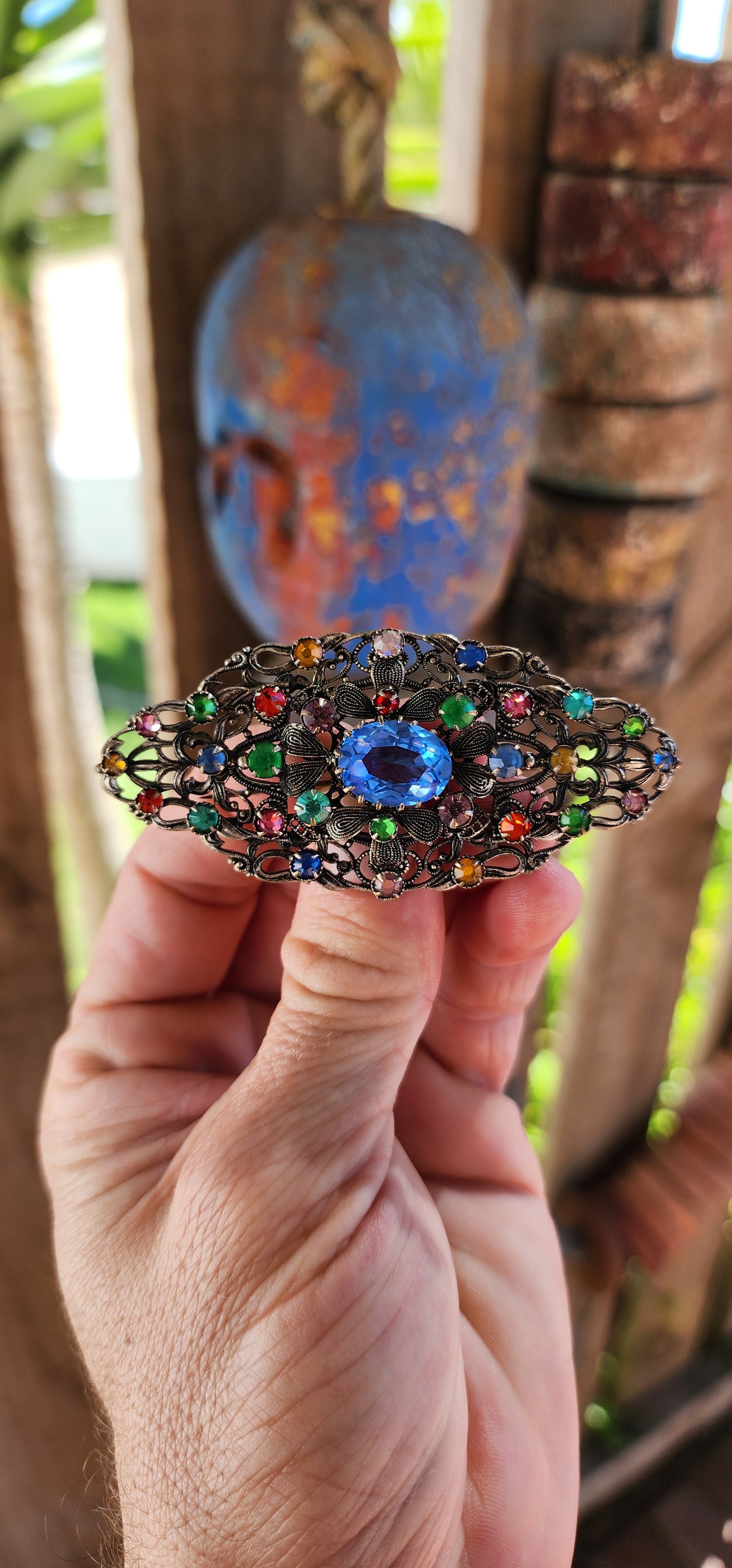 This costume brooch is pure vintage glamour with a dash of theatrical flair! Picture a grand ballroom in the roaring 1920s, where every accessory had to dazzle—and this Czech Art Deco beauty would have stolen the show.