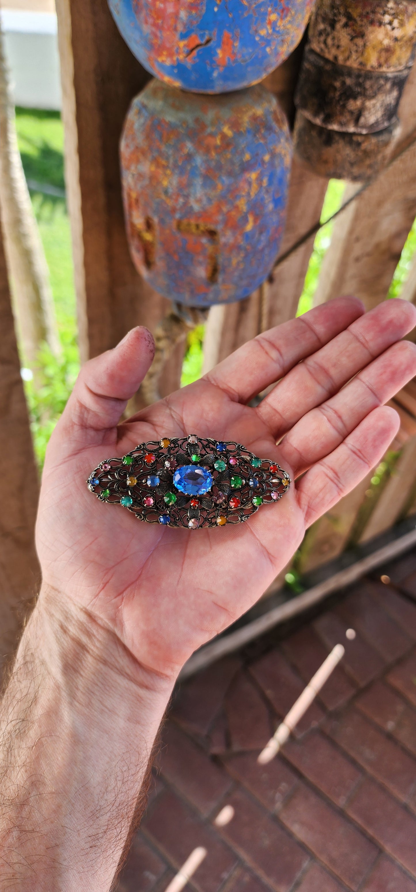 This costume brooch is pure vintage glamour with a dash of theatrical flair! Picture a grand ballroom in the roaring 1920s, where every accessory had to dazzle—and this Czech Art Deco beauty would have stolen the show.