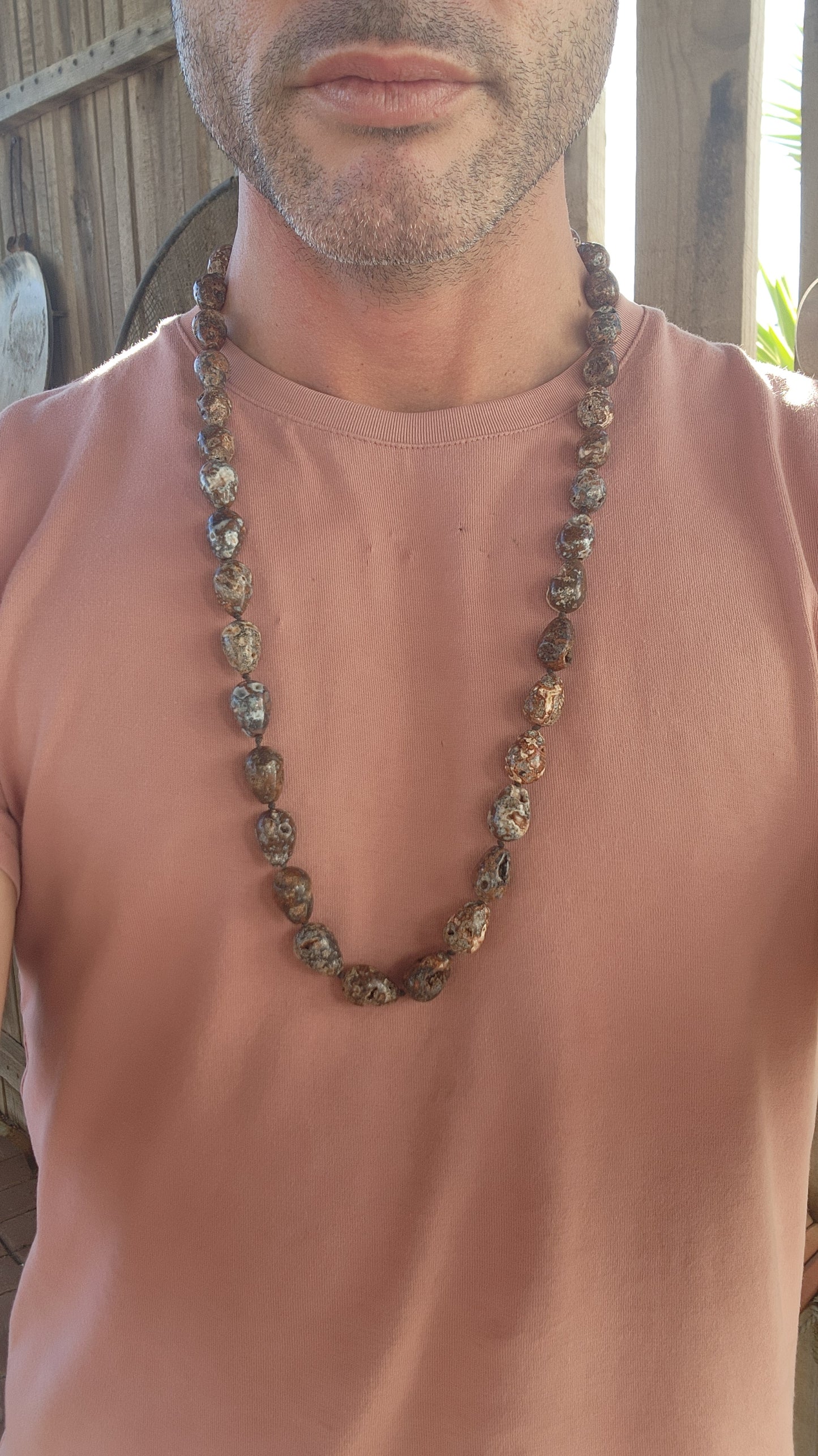 This necklace is like a treasure unearthed from deep within the earth’s mysteries! What ive got here is a stunning, extra-length strand of leopard skin jasper beads, each one brimming with wild, organic character.