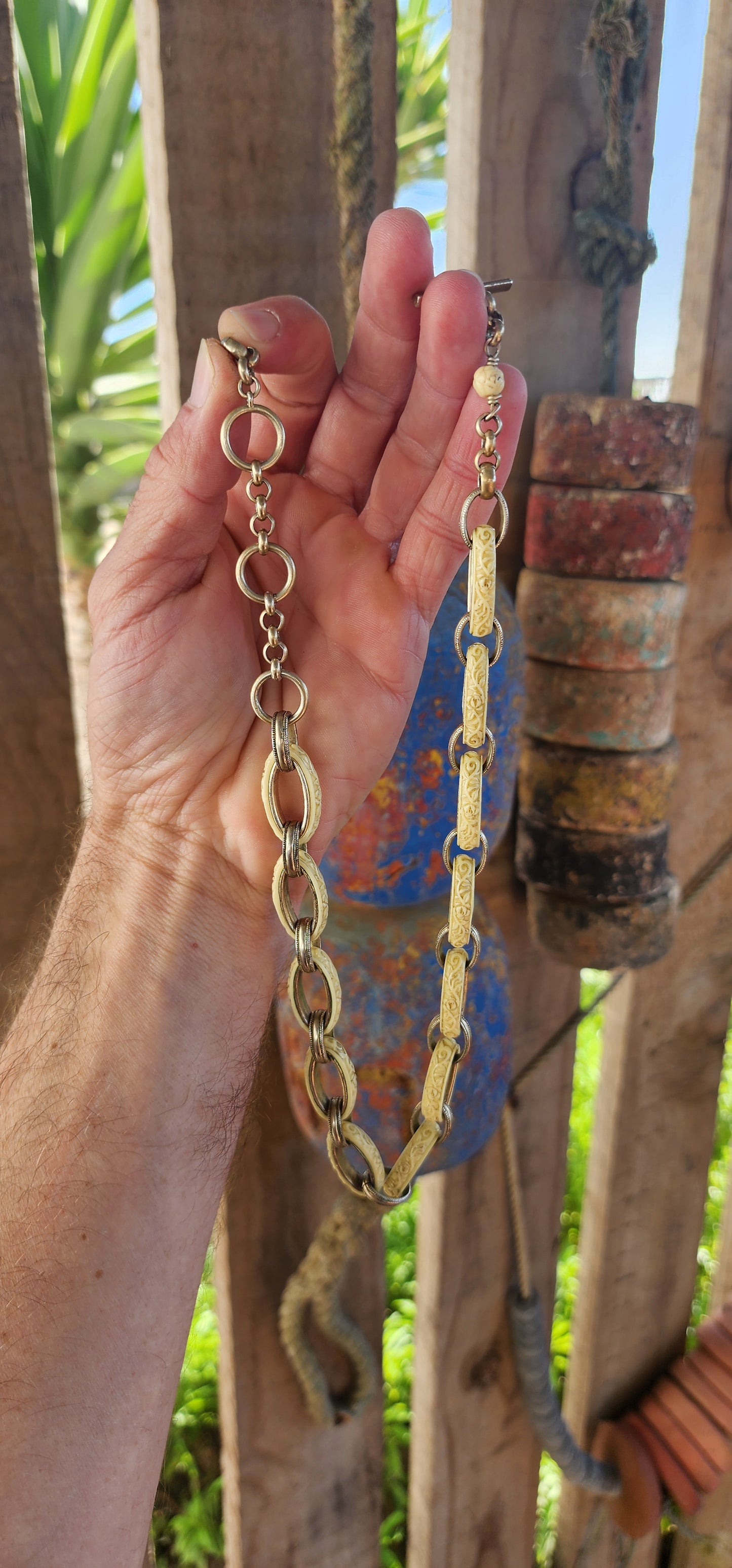 A Rare and Striking Antique Late Victorian Celluloid and Silvertone Link Necklace/fob chain – A Statement of Elegance and Innovation.