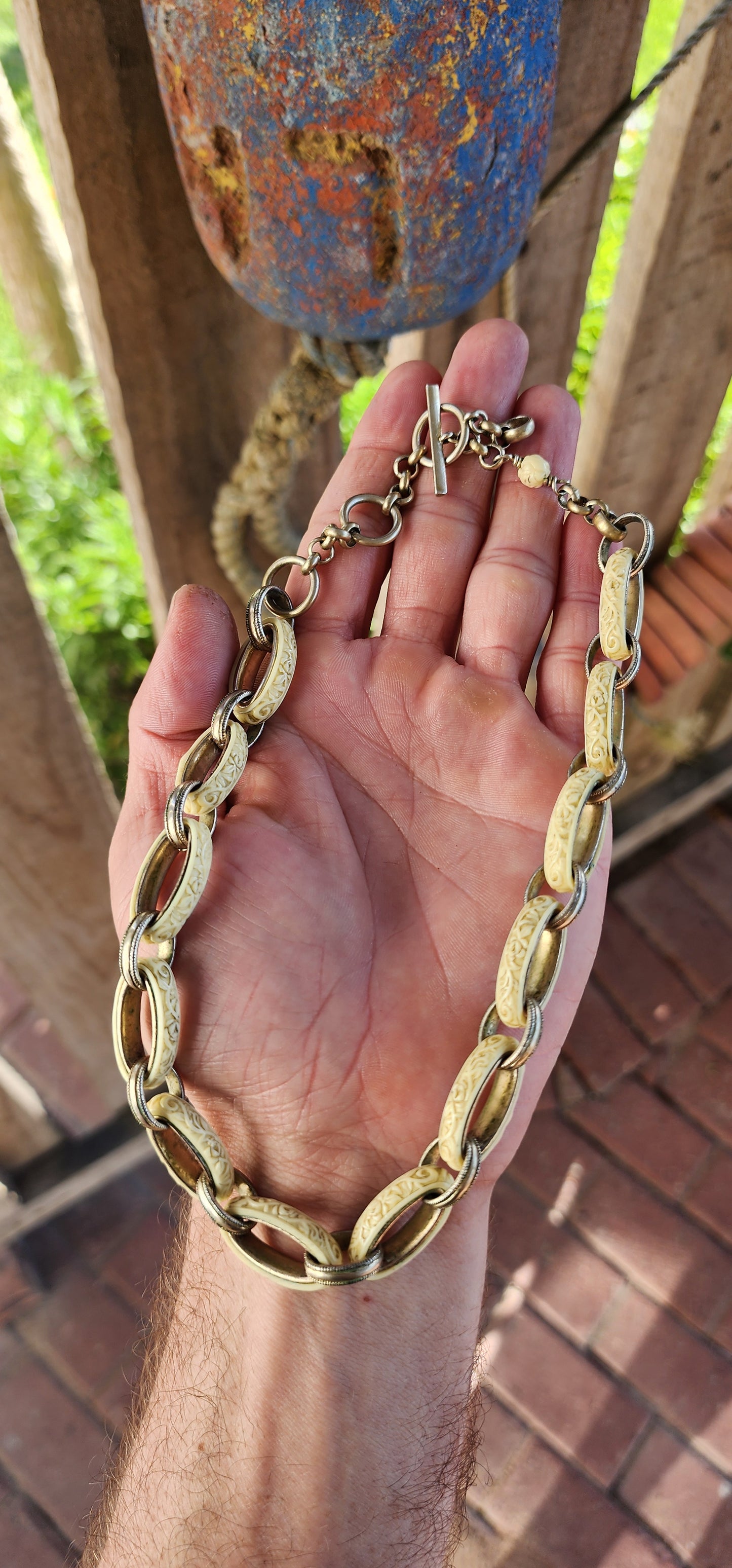 A Rare and Striking Antique Late Victorian Celluloid and Silvertone Link Necklace/fob chain – A Statement of Elegance and Innovation.