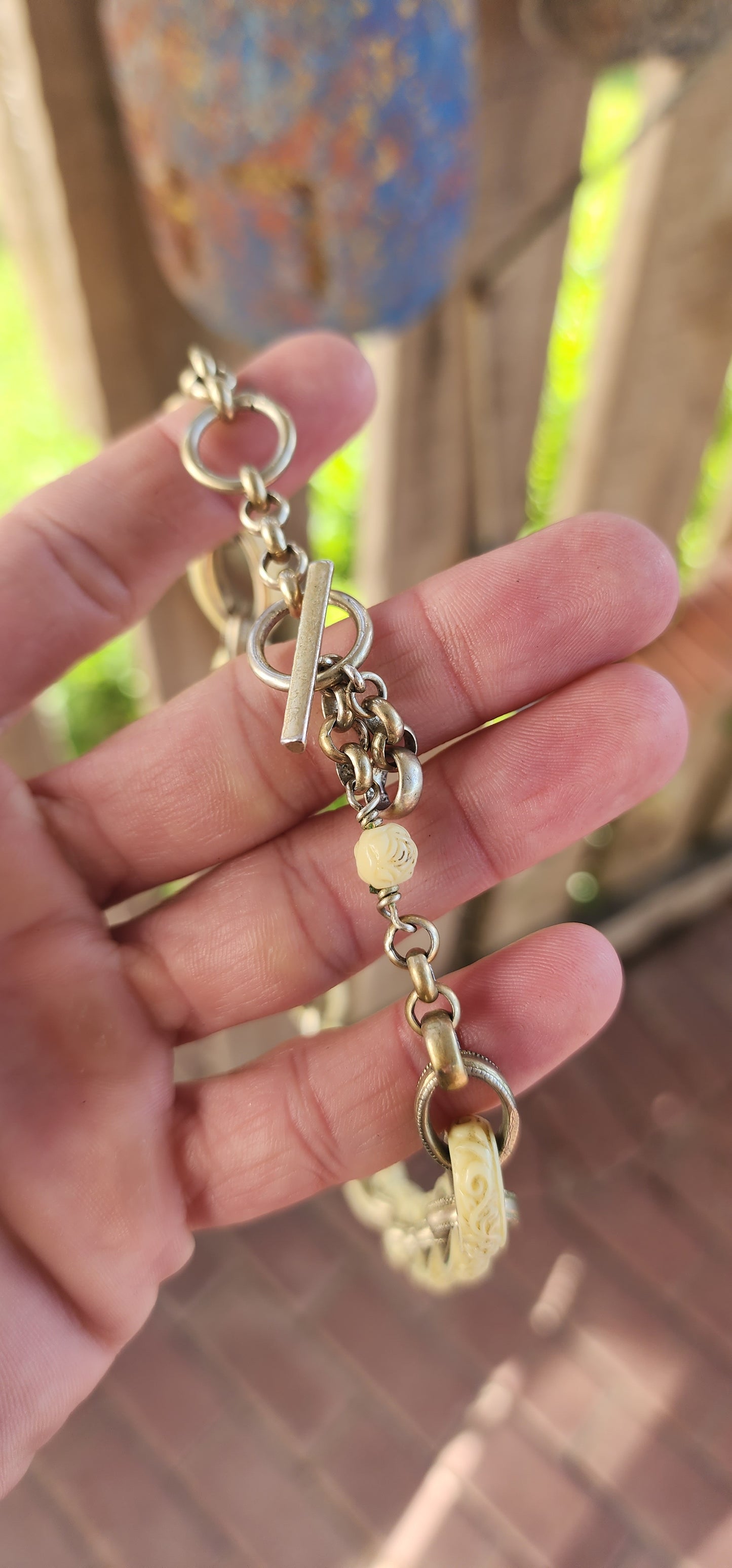 A Rare and Striking Antique Late Victorian Celluloid and Silvertone Link Necklace/fob chain – A Statement of Elegance and Innovation.