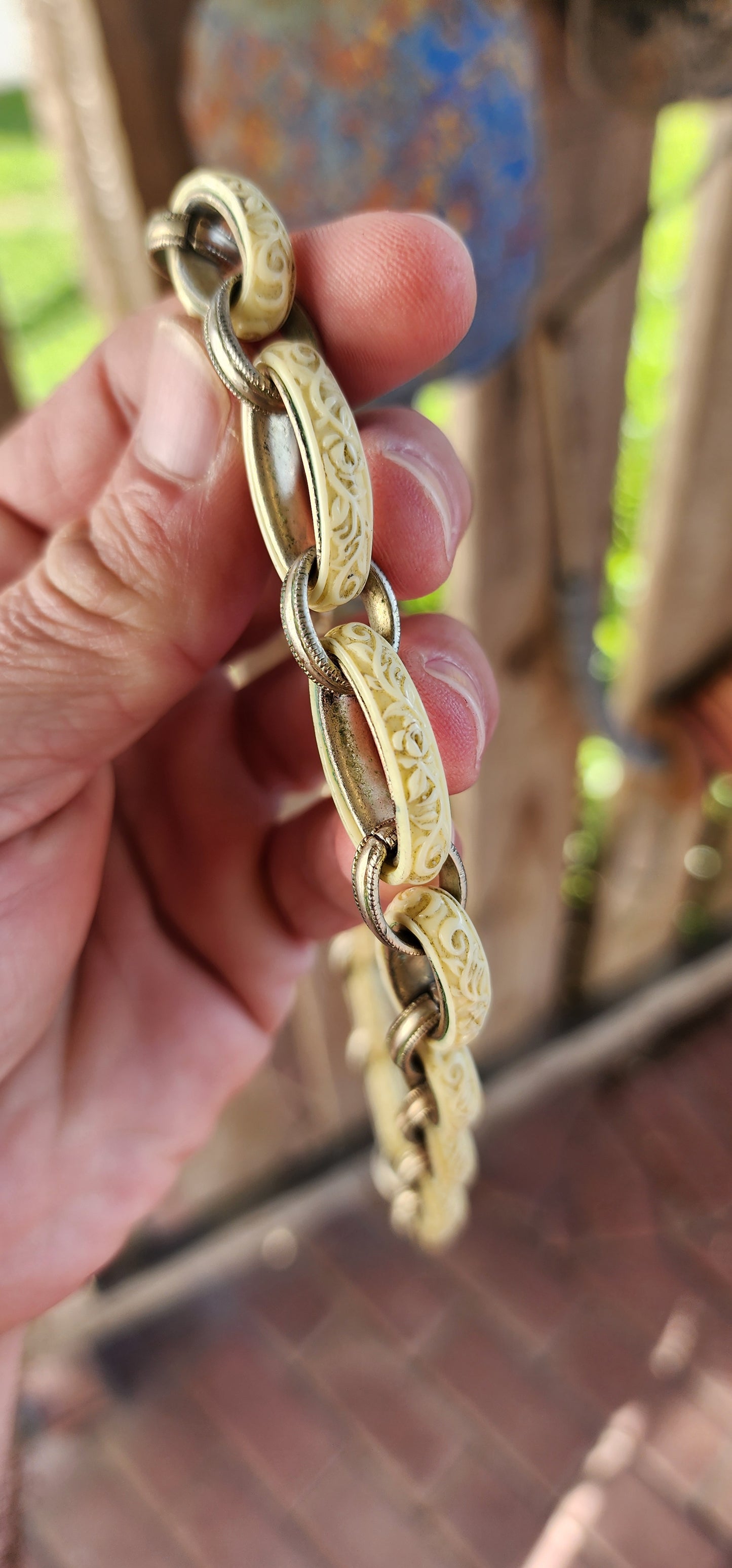 A Rare and Striking Antique Late Victorian Celluloid and Silvertone Link Necklace/fob chain – A Statement of Elegance and Innovation.