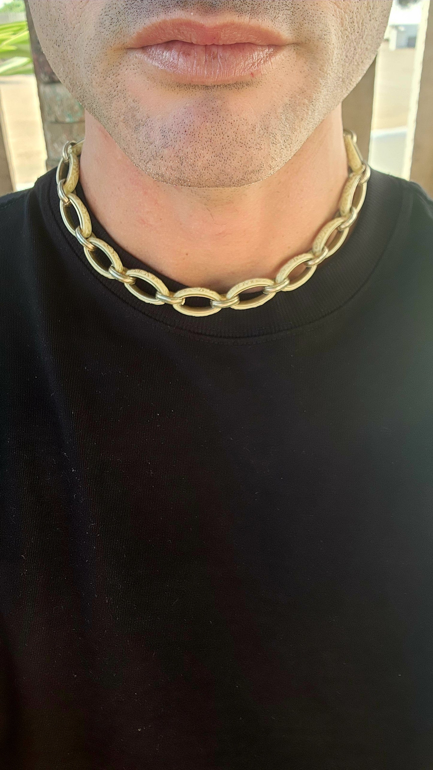 A Rare and Striking Antique Late Victorian Celluloid and Silvertone Link Necklace/fob chain – A Statement of Elegance and Innovation.