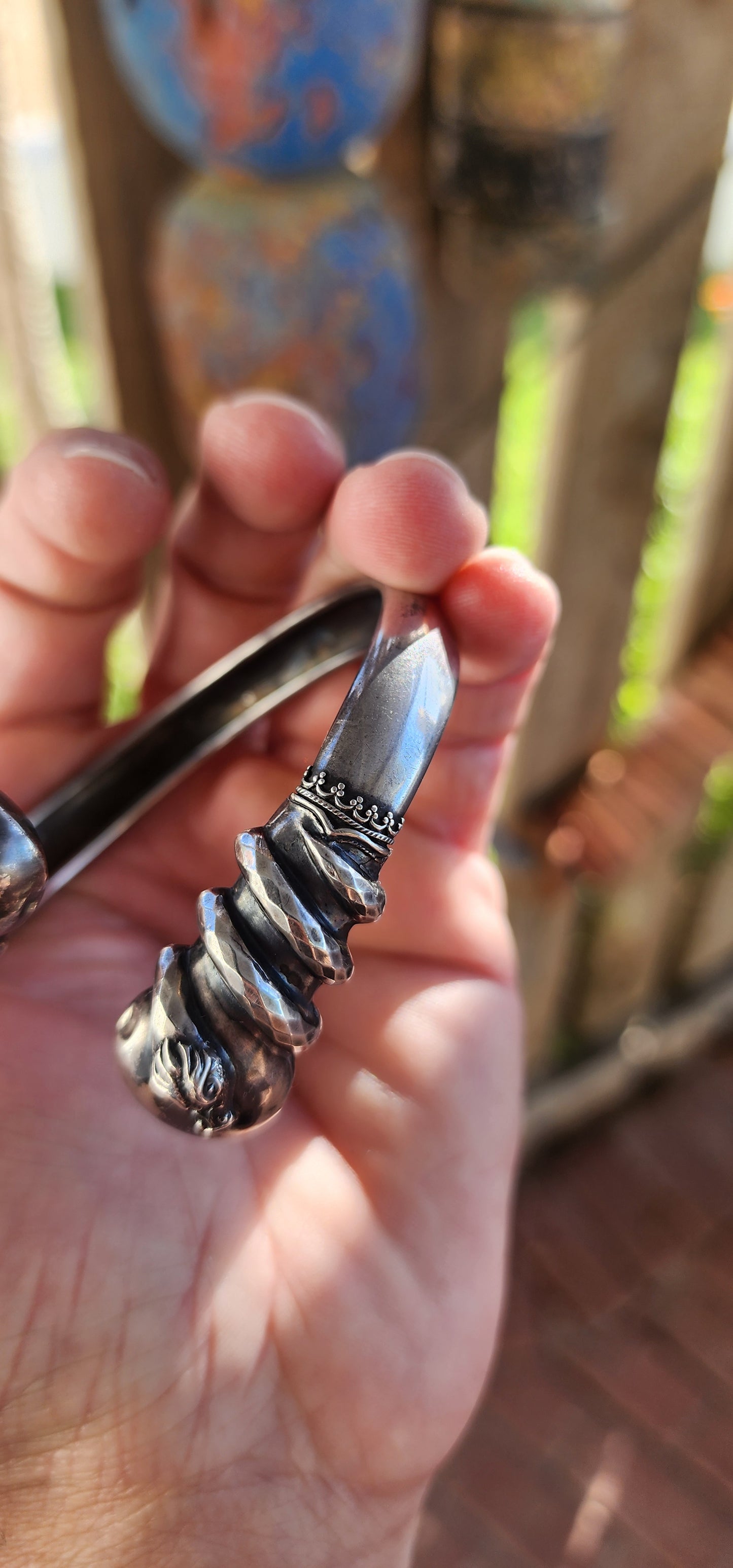 Antique Victorian-Era Etruscan Revival Double Coiled Serpent Cuff Bangle in 800 Silver.
A bold echo of ancient mystery and Victorian imagination, this antique double-headed serpent cuff bangle is a striking example of Etruscan Revival artistry in silver.