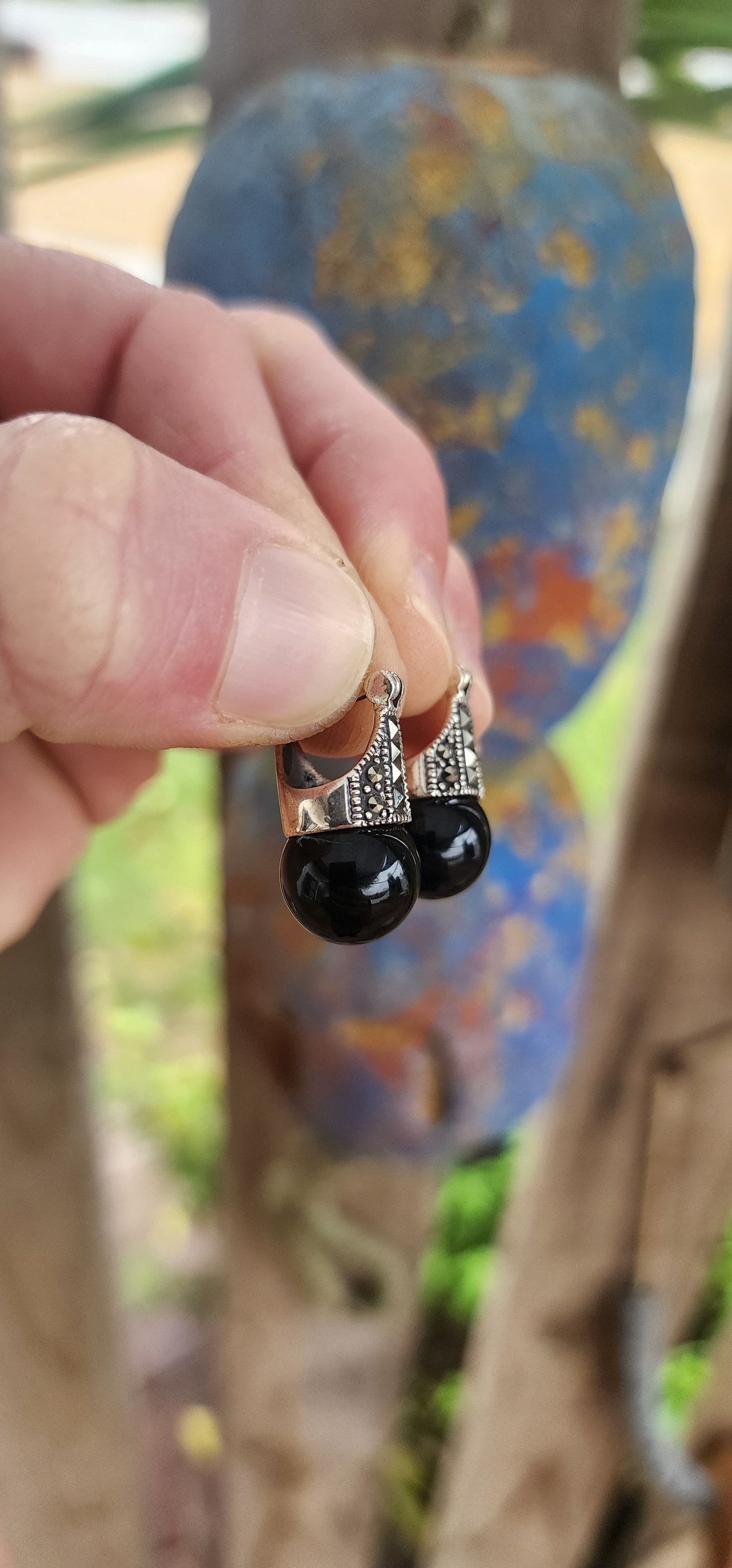 Vintage Art Deco-Inspired Sterling Silver and Onyx Orb Earrings.
