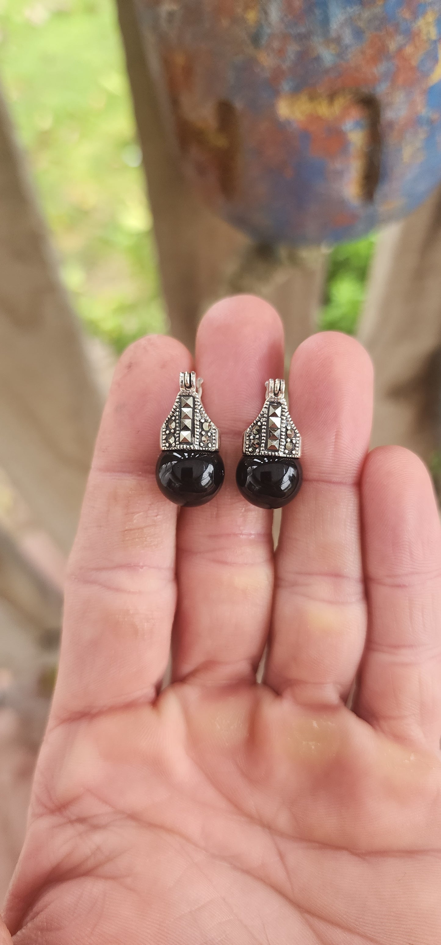Vintage Art Deco-Inspired Sterling Silver and Onyx Orb Earrings.