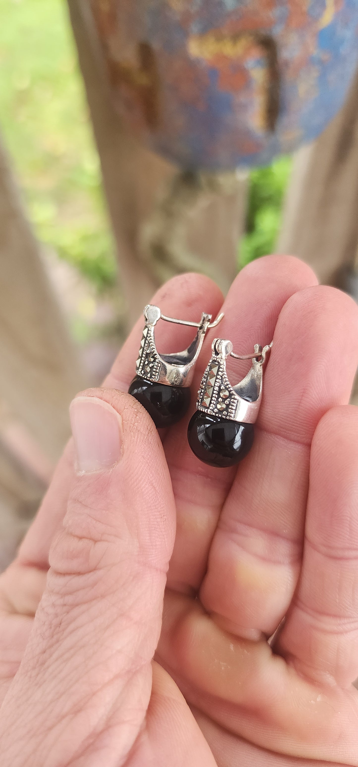 Vintage Art Deco-Inspired Sterling Silver and Onyx Orb Earrings.