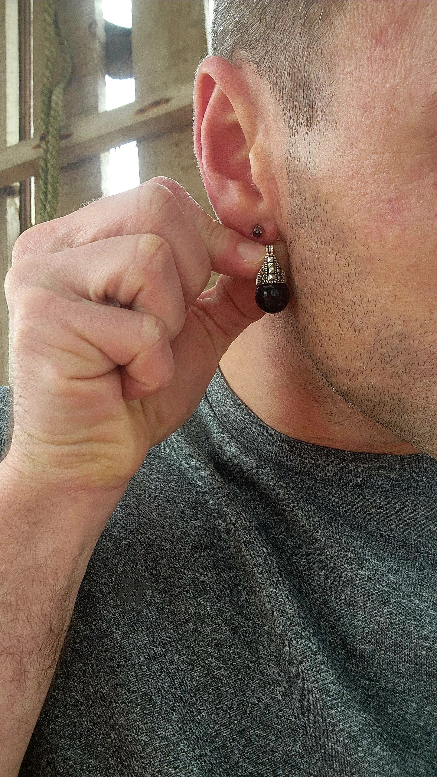 Vintage Art Deco-Inspired Sterling Silver and Onyx Orb Earrings.