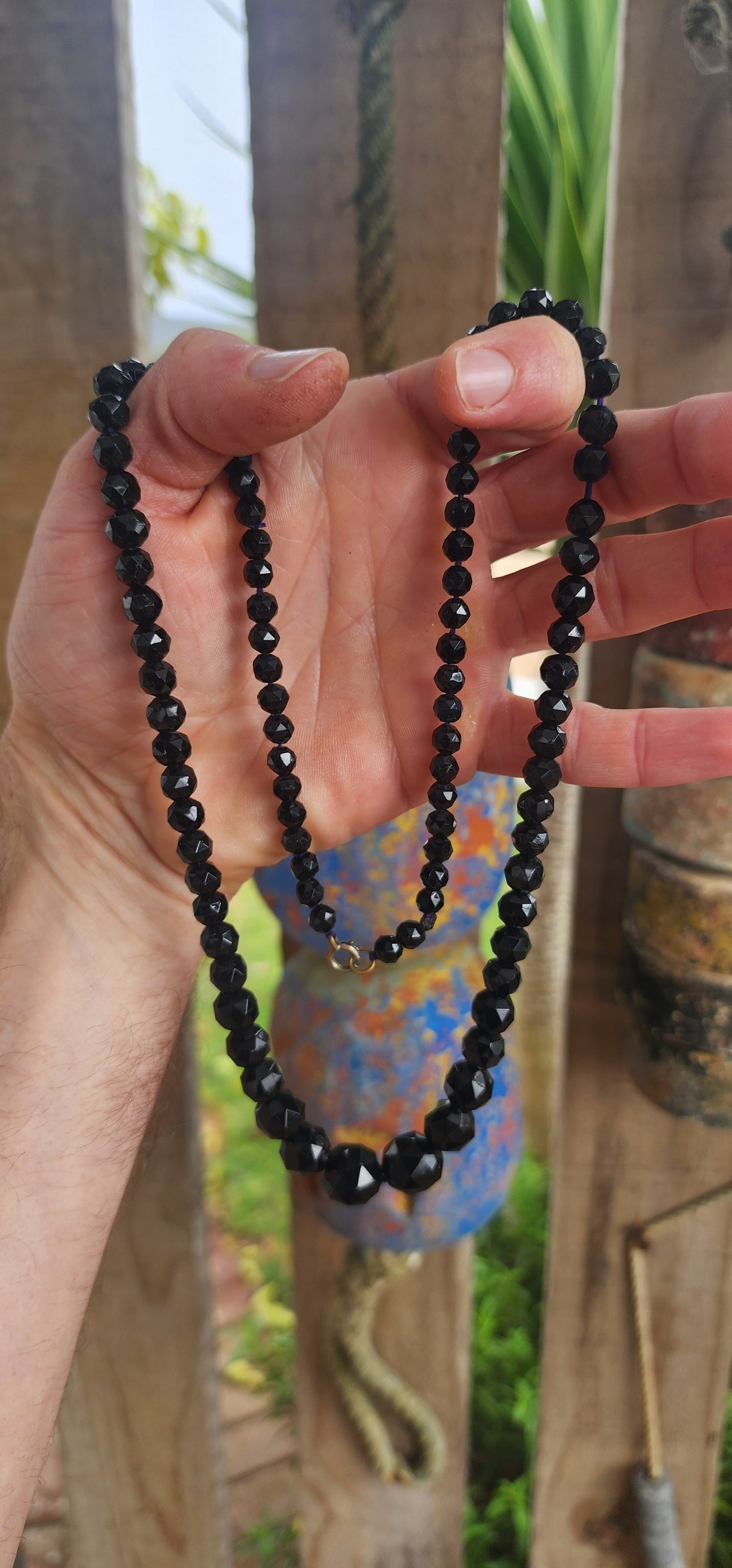 A timeless treasure from the golden age of glamour—this vintage Art Deco necklace from the 1930s features a luxurious extra length strand of glossy black French jet glass beads.