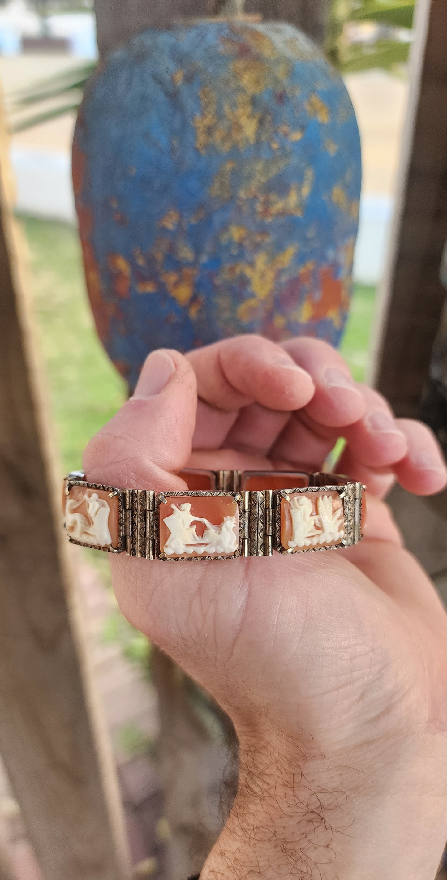 A Rare Masterpiece of Victorian Mythology: Antique Italian Conch shell Cameo 7-Panel Bracelet.
