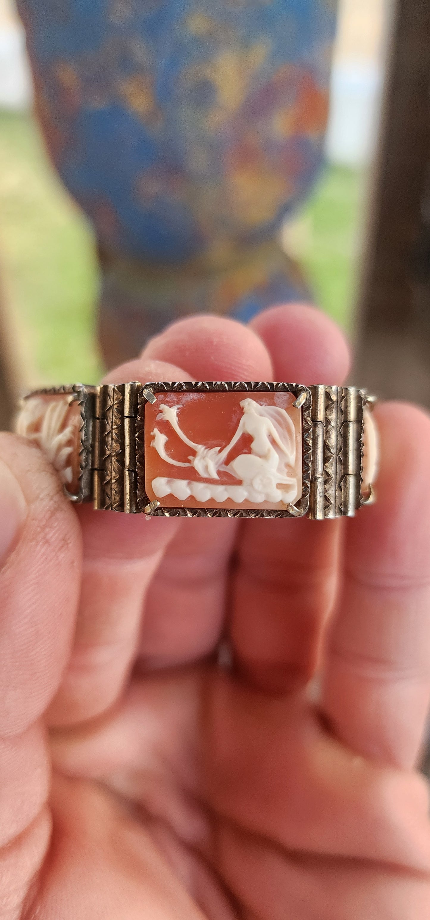 A Rare Masterpiece of Victorian Mythology: Antique Italian Conch shell Cameo 7-Panel Bracelet.