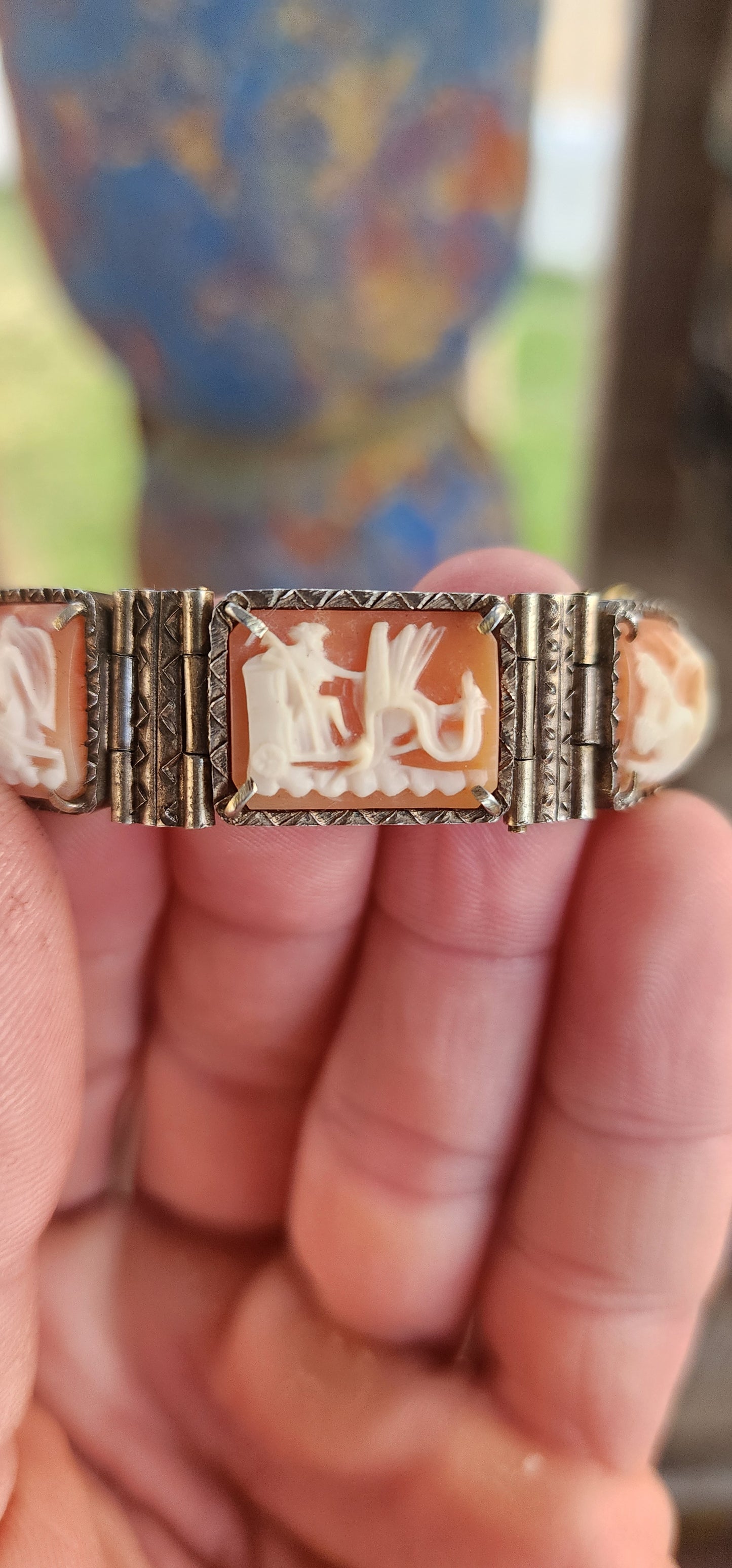 A Rare Masterpiece of Victorian Mythology: Antique Italian Conch shell Cameo 7-Panel Bracelet.