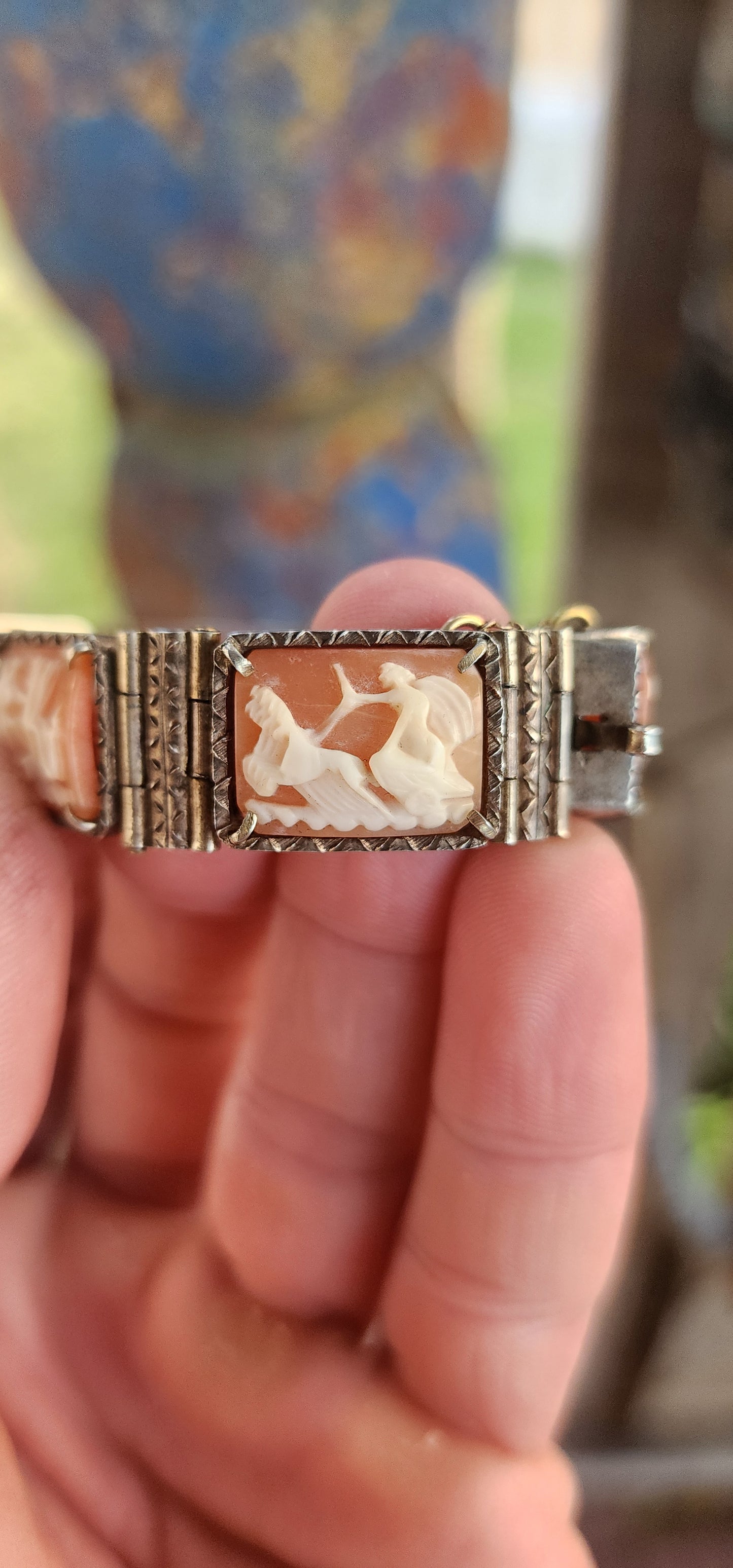 A Rare Masterpiece of Victorian Mythology: Antique Italian Conch shell Cameo 7-Panel Bracelet.