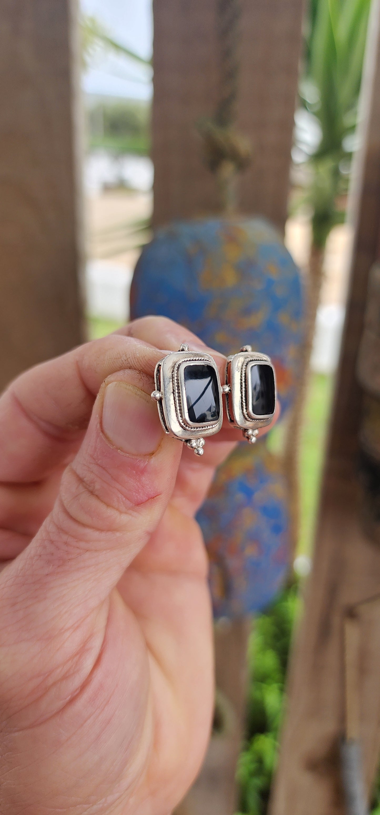 Timeless with a bold, tailored edge, this vintage pair of sterling silver push-in earrings is a striking example of balance between structure and mystique.