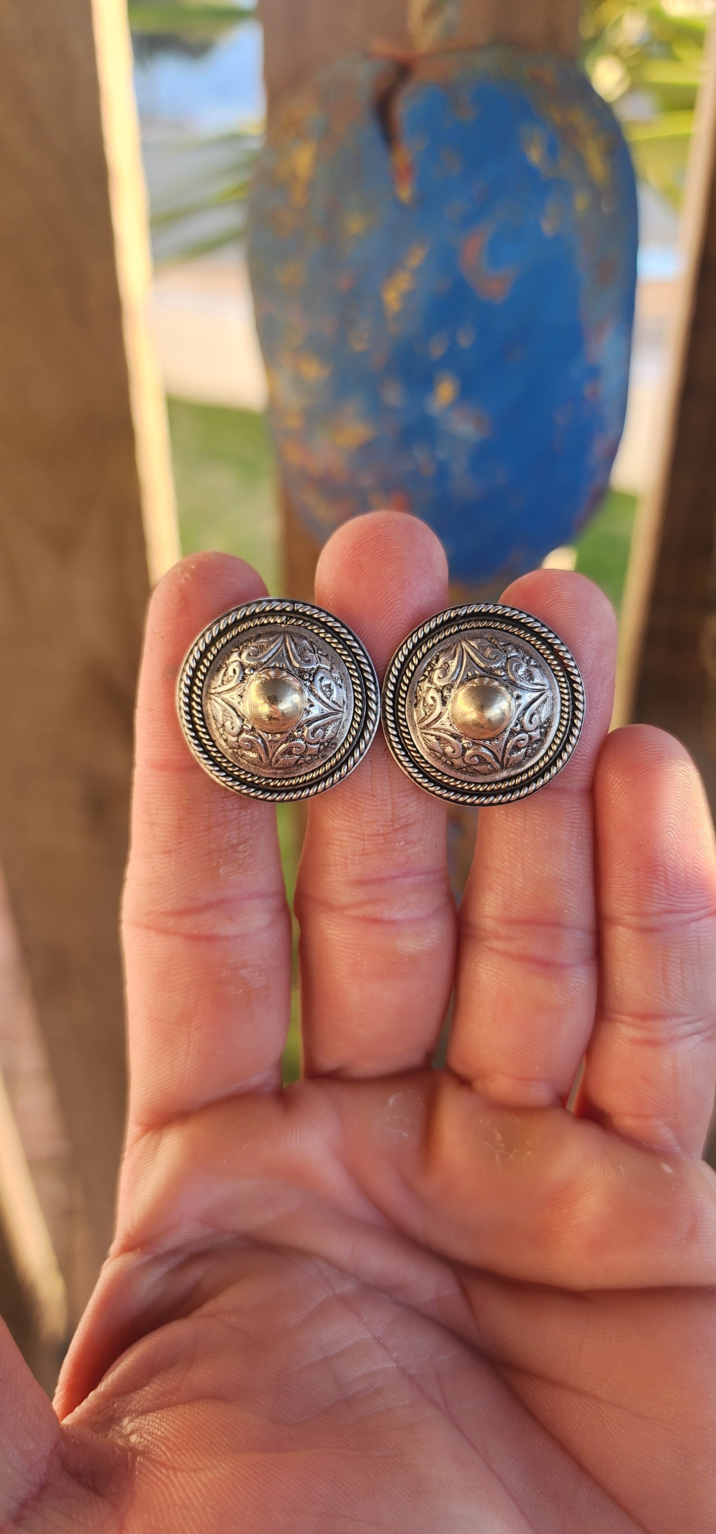 These marvelous and boldly styled earrings are a distinctive early creation by sought-after local jewelry designer Susan Roos. Crafted in solid sterling silver, these large push-in earrings make a powerful statement.