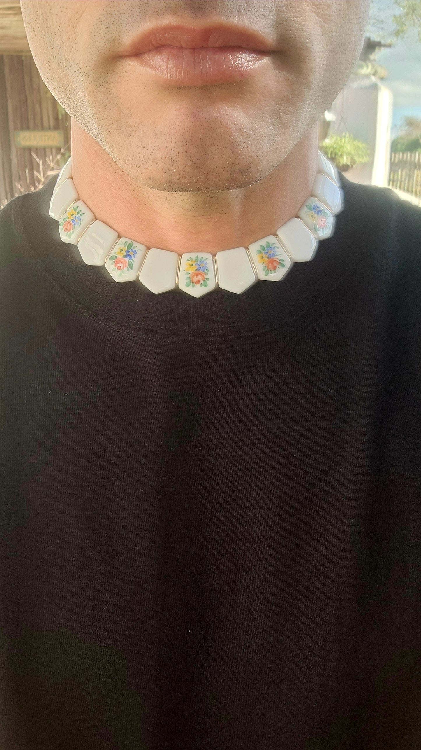 Vintage 1950s German Milk Glass Floral Panel Choker Necklace.
Crafted in West Germany during the 1950s, it showcases the highly prized milk glass — a luscious, opaque white glass popular from the Victorian era well into the mid-20th century.