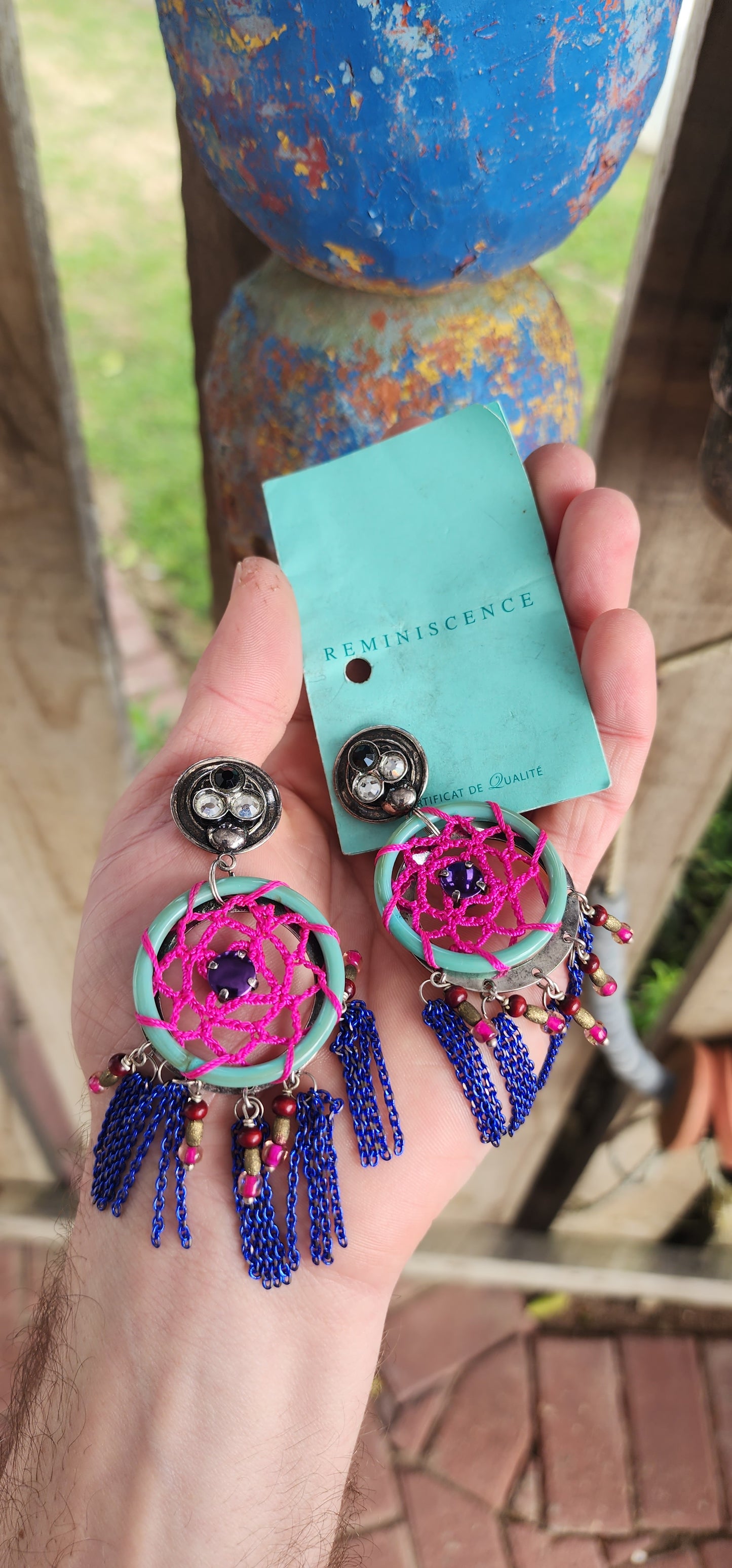 Spectacular pair of costume statement earrings by Reminiscence, the renowned French fashion house known for blending haute couture artistry with exotic, boho-luxe flair.